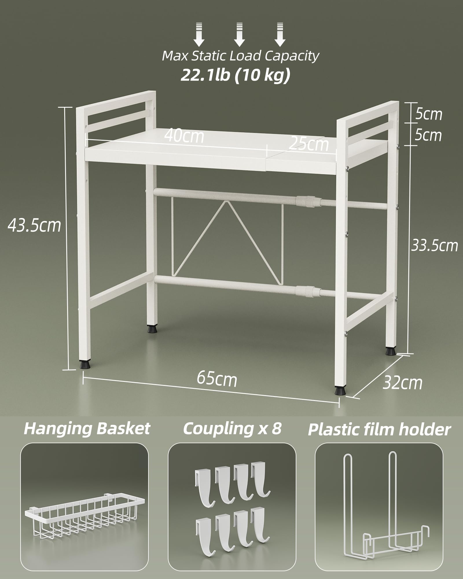 NETEL Expandable Microwave Shelf | 2-Tier Carbon Steel Kitchen Stand, White