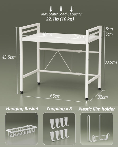 NETEL Expandable Microwave Shelf | 2-Tier Carbon Steel Kitchen Stand, White