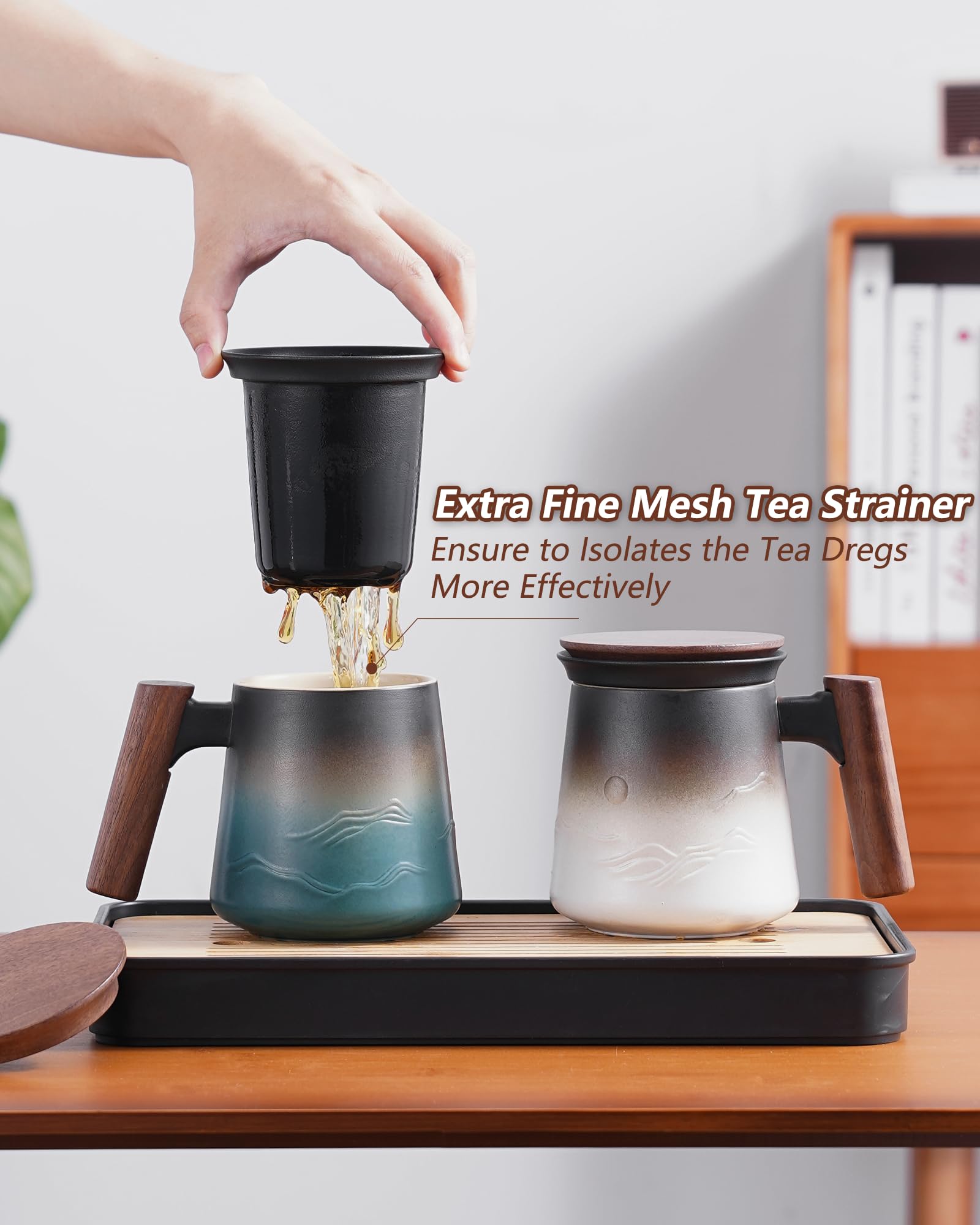 ZENS Panda Ceramic Tea Infuser Mug with Wood Handle & Saucer, 430ml
