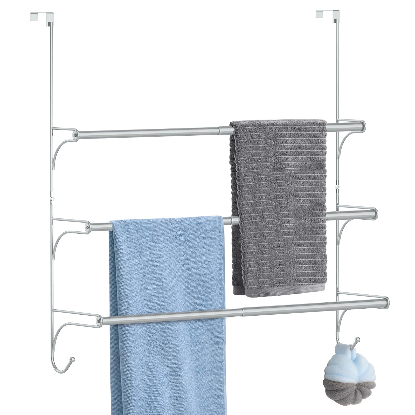 3-Tier Over the Door Towel Rack – Adjustable Silver Steel