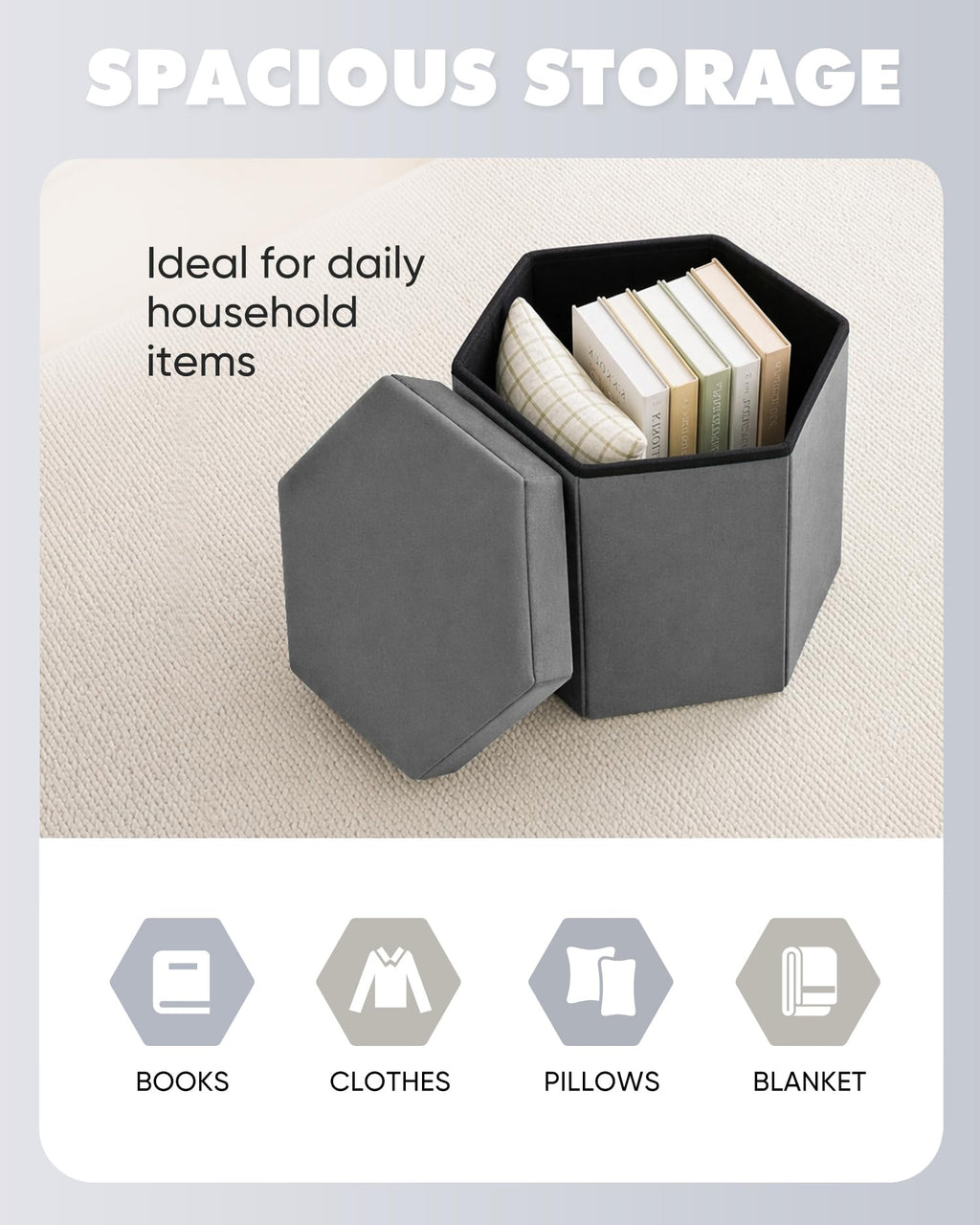 Bonlife Folding Storage Ottoman Hexagonal, Footrest with Toy Ches Box, 43cm - image 3