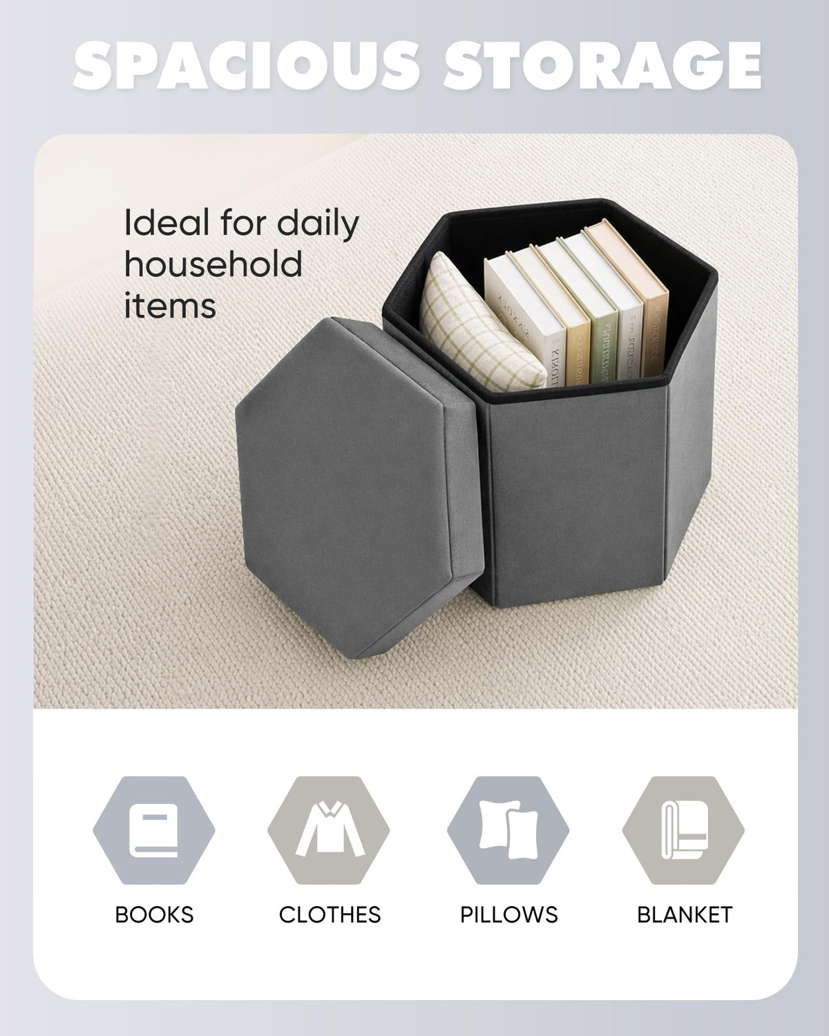 Bonlife Folding Storage Ottoman Hexagonal, Footrest with Toy Ches Box, 43cm - image 3
