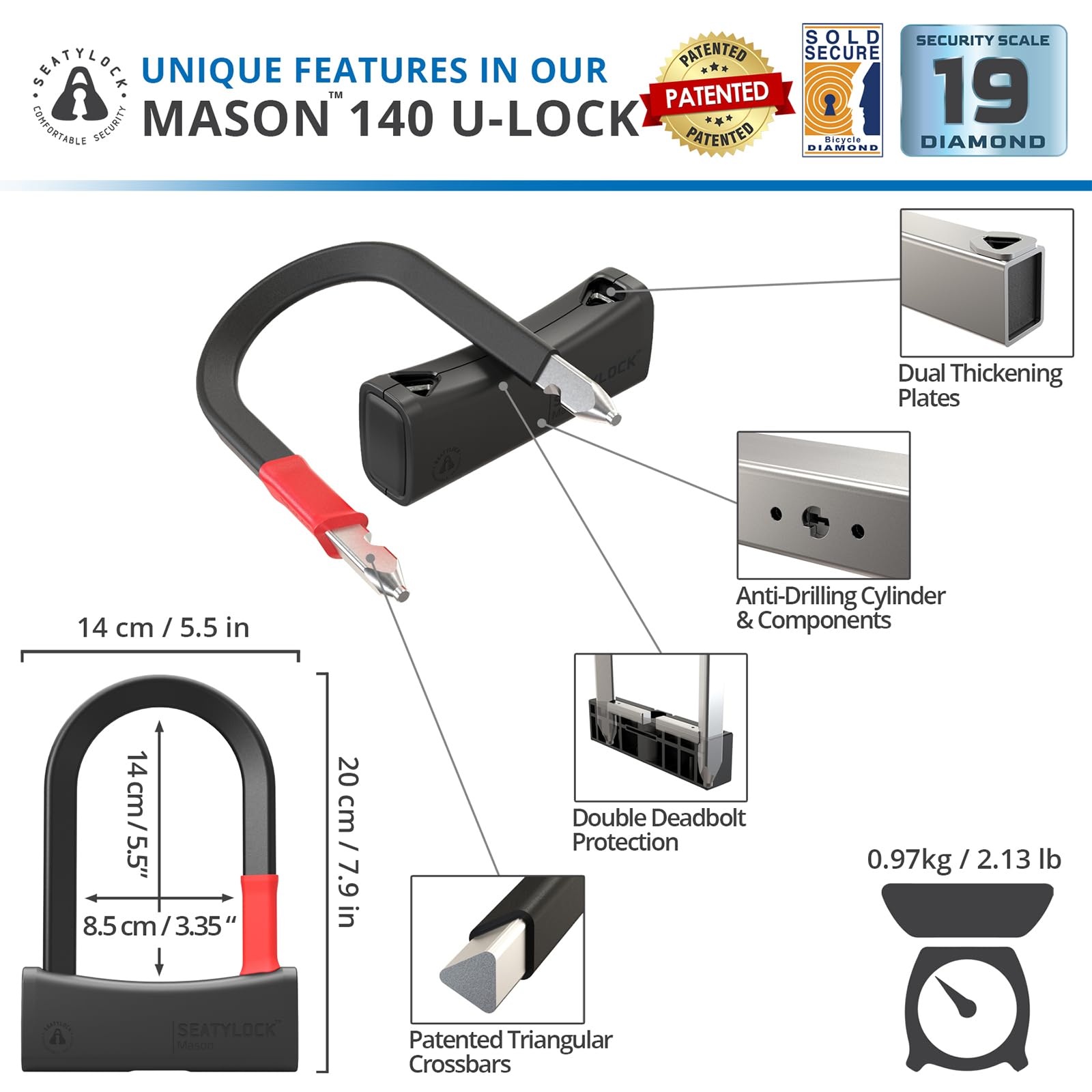 SeatyLock Mason Bike U Lock – Sold Secure Diamond Rated Heavy Duty D-Lock