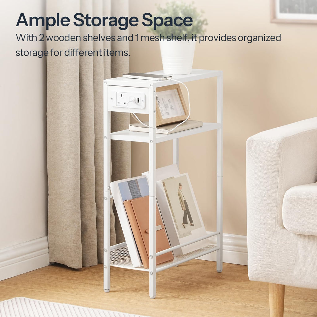 HOOBRO Slim Side Table with Charging Station | 3-Tier Narrow End Table