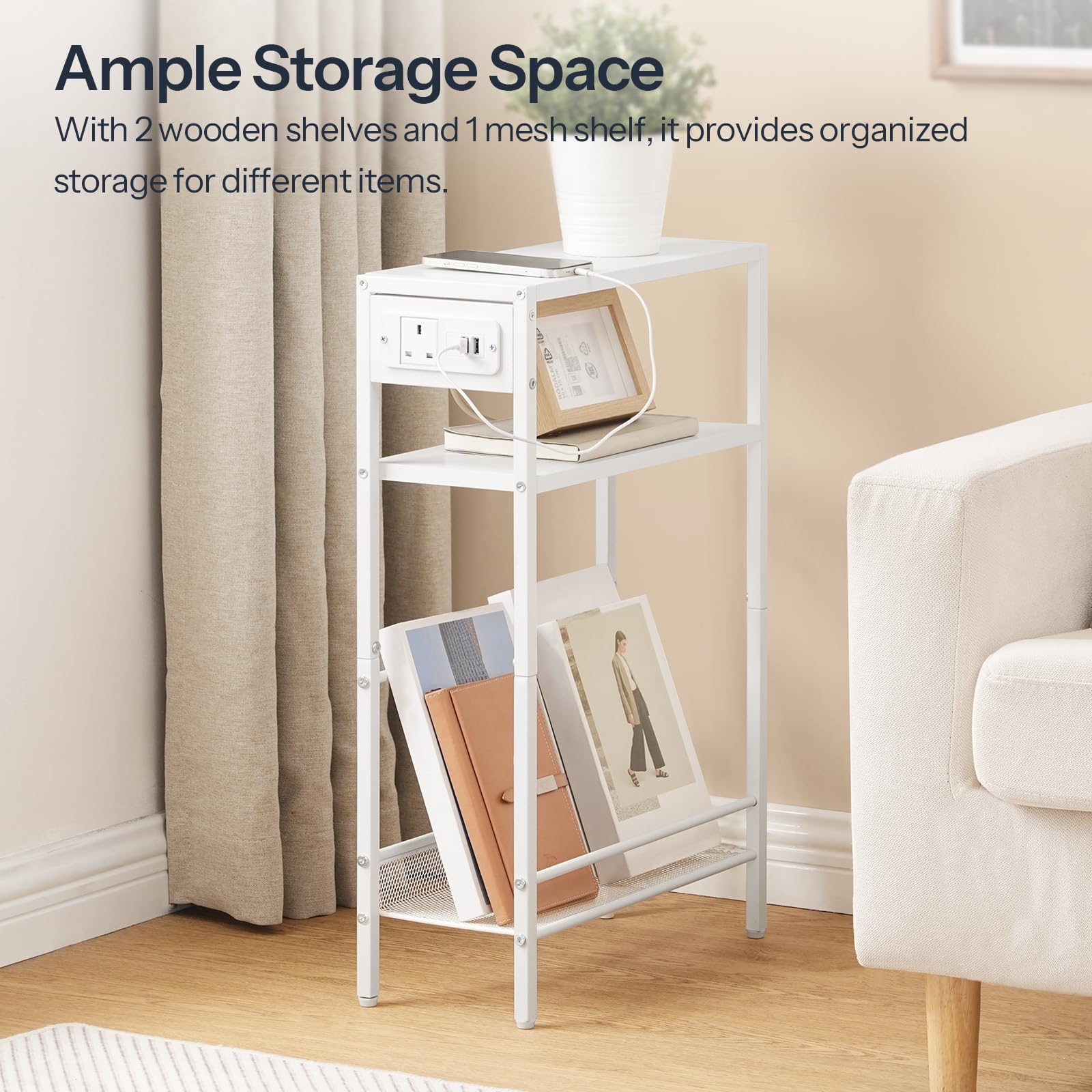 HOOBRO Slim Side Table with Charging Station | 3-Tier Narrow End Table