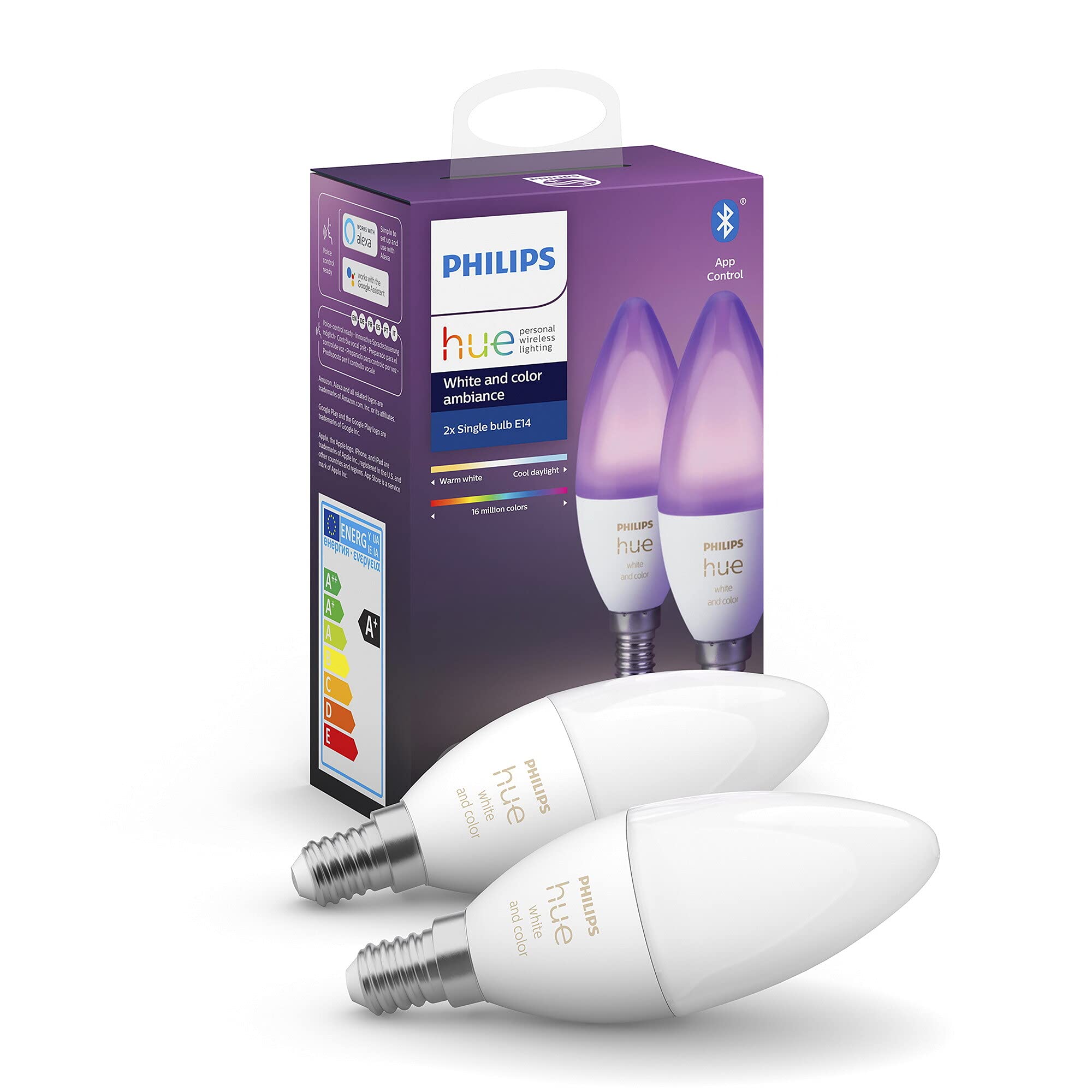 Philips Hue White & Colour Ambiance E14 Smart Candle LED Bulb - 2 Pack
