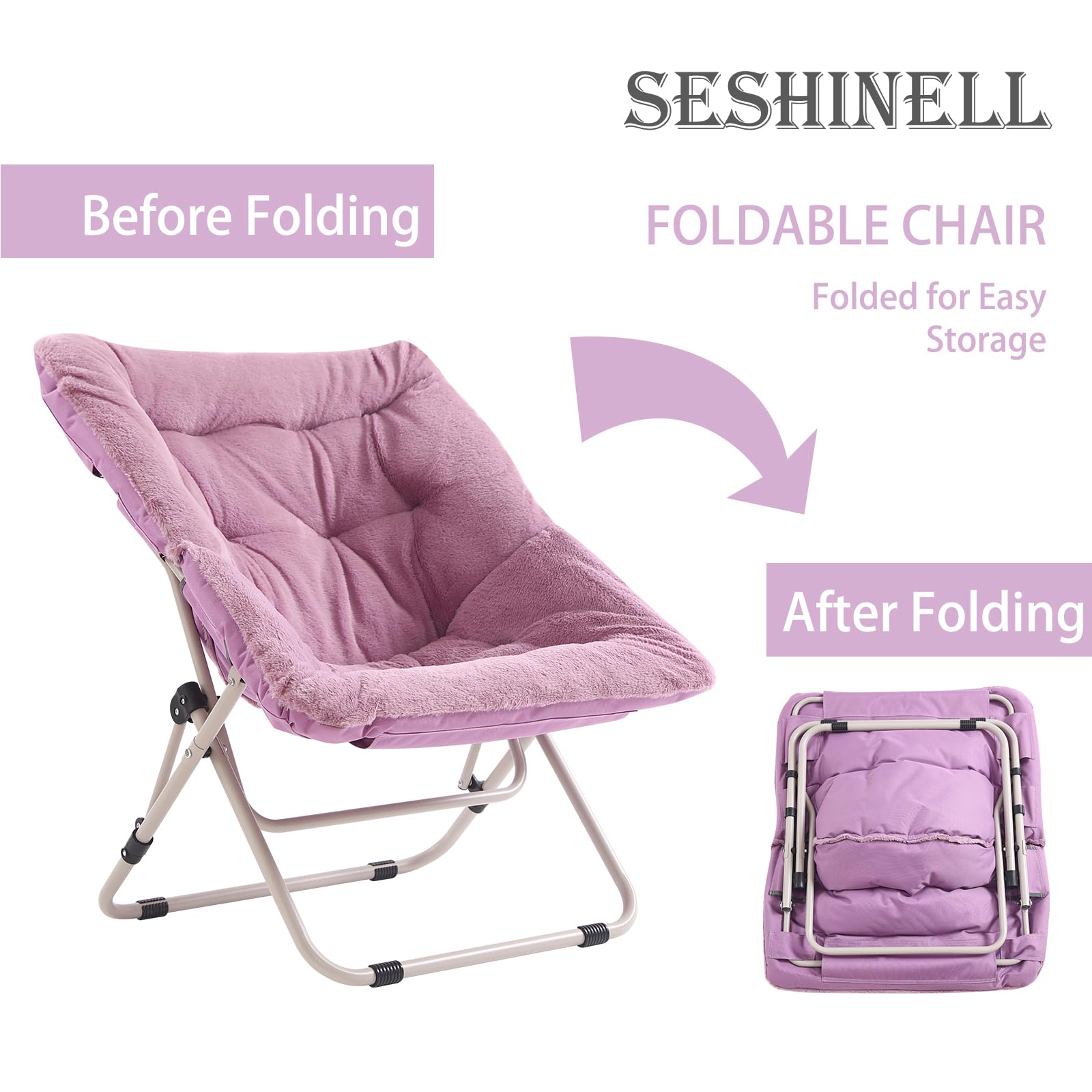 SESHINELL Oversized Saucer Chair | Foldable Faux Fur Moon Chair with Ottoman