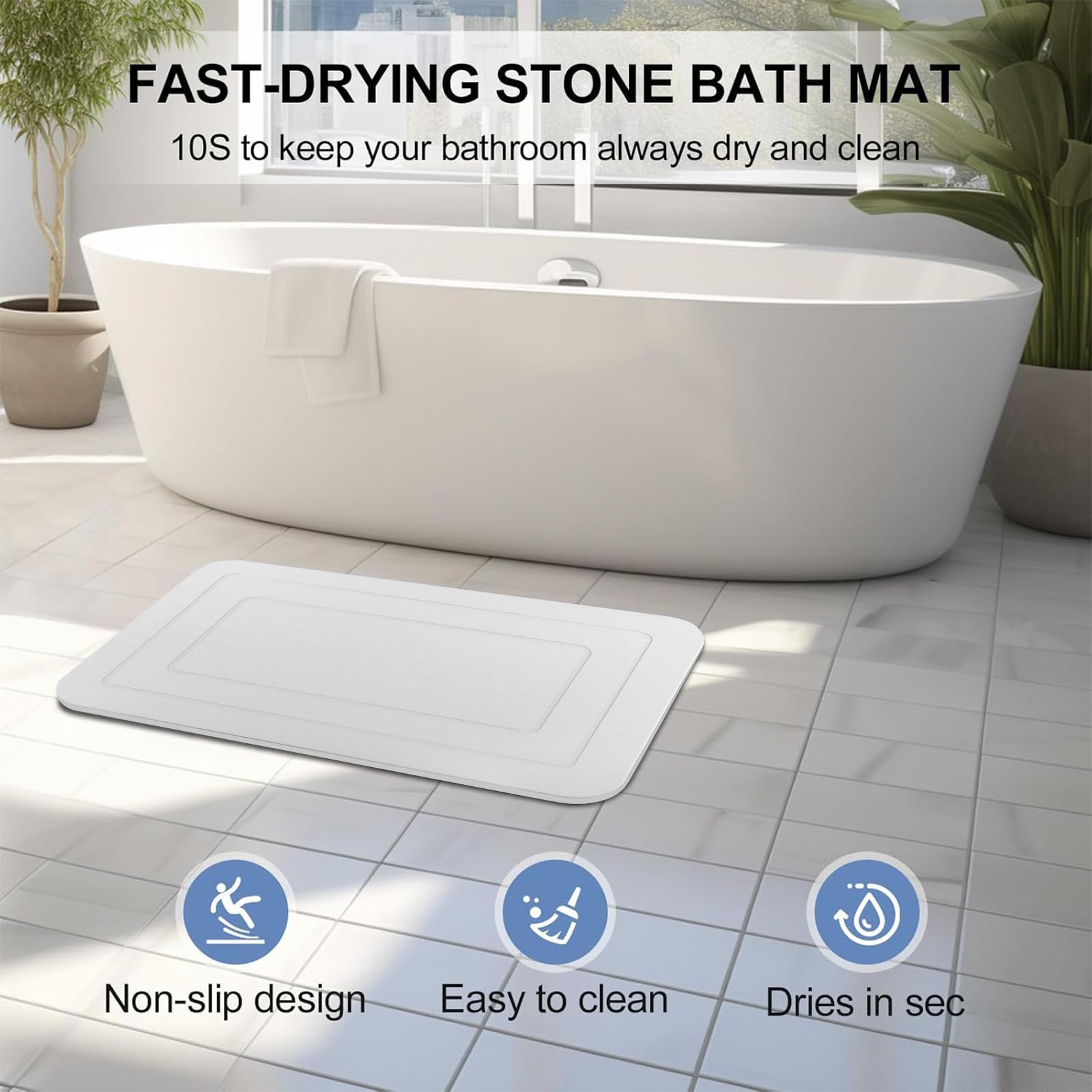 HUMIGA 2-Pack Diatomaceous Earth Stone Bath Mat – Non-Slip White, 24x15