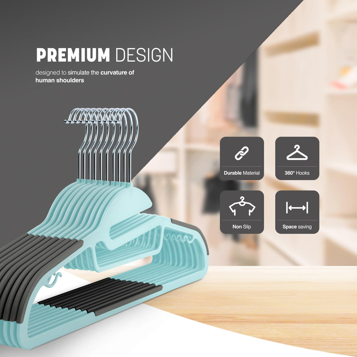 KEPLIN 20-Pack Non-Slip Hangers – Durable, Slimline Design for Space Saving with 360° Swivel, Tie Organiser, Strap Hooks, and S-Shape Opening Teal - image 3