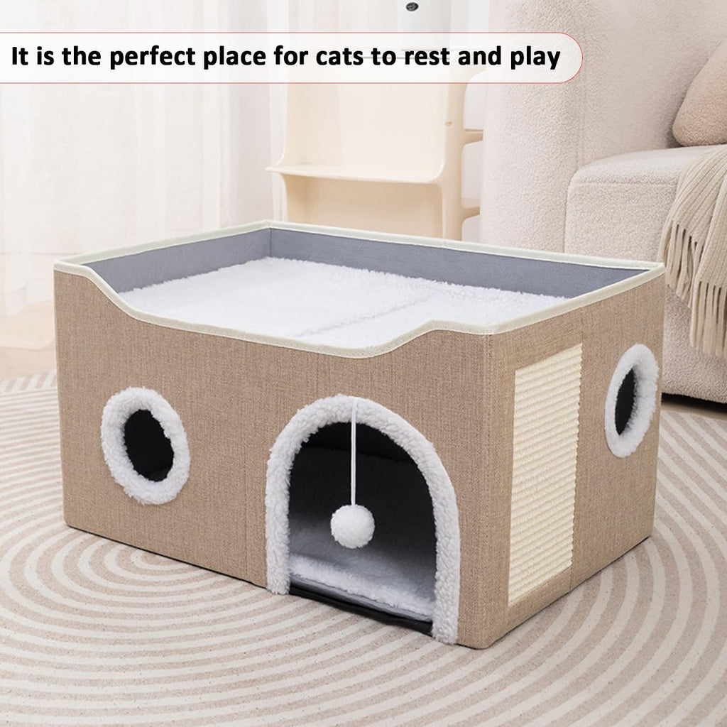 ERNAN Foldable Cat House – Large Indoor Cave Bed with Scratching Board