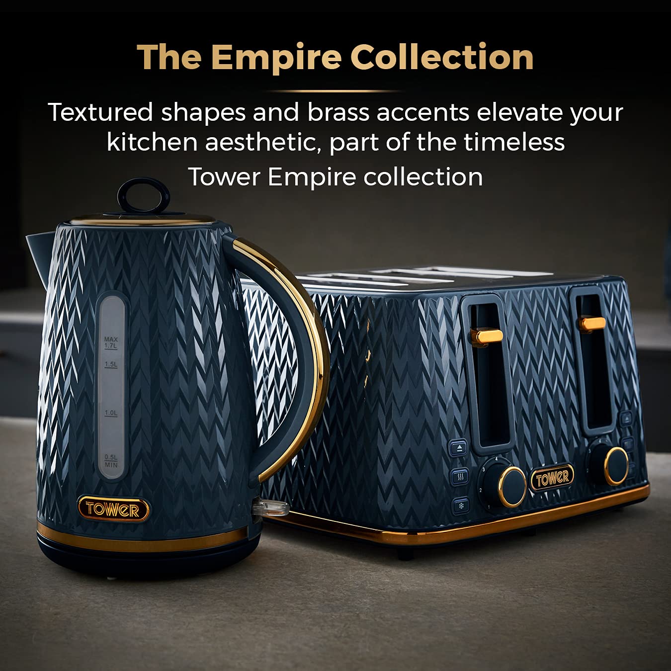 Tower Empire 4-Slice Toaster | 1600W Midnight Blue and Brass