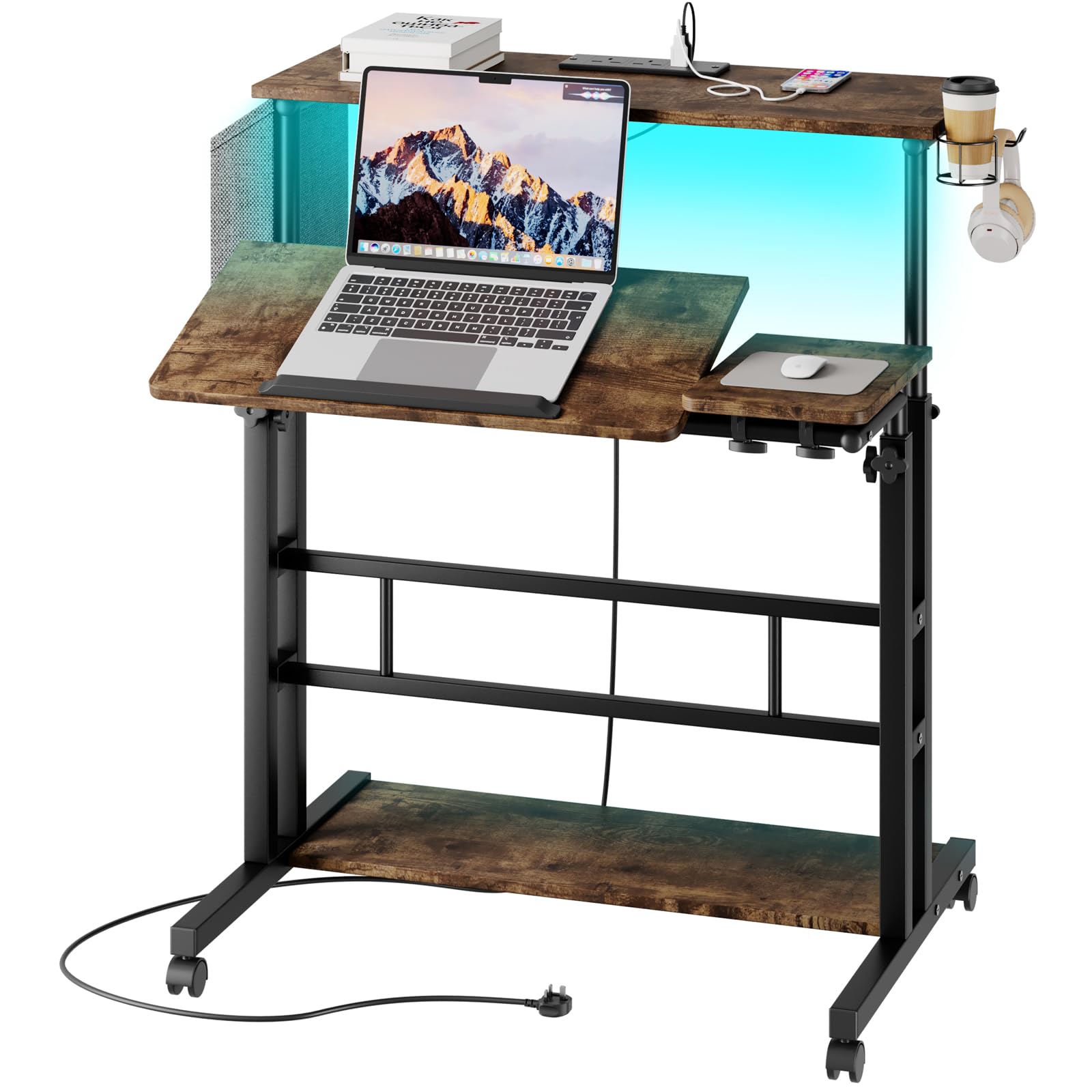 Dripex Mobile Standing Desk with LED Lights & Power Outlets | Rolling