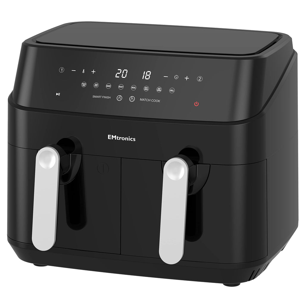 EMtronics Dual Air Fryer | 9L Extra Large Double Basket | 8 Pre-Sets
