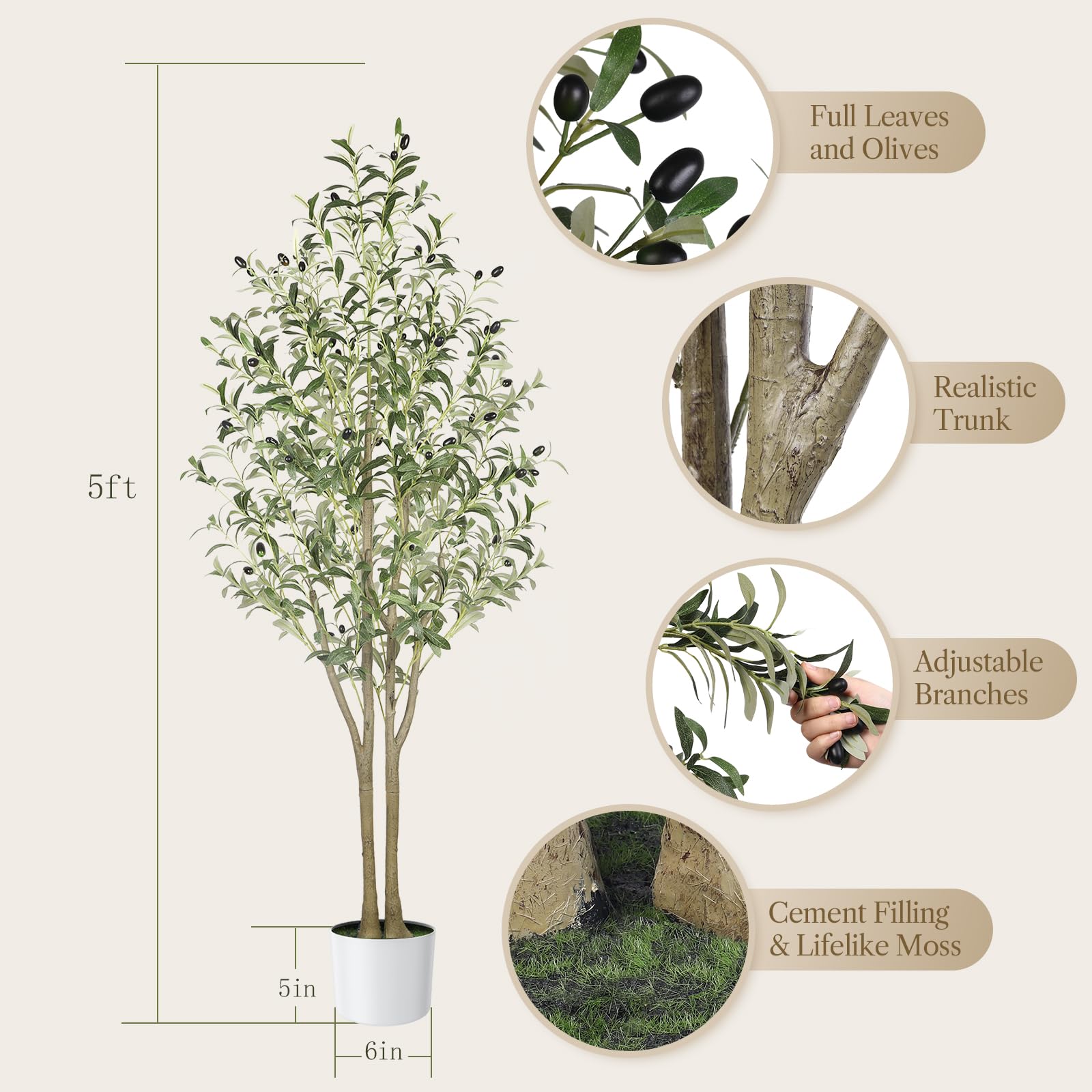 Alupssuc 5FT Artificial Olive Tree | Faux Potted Plant with Wood Trunk