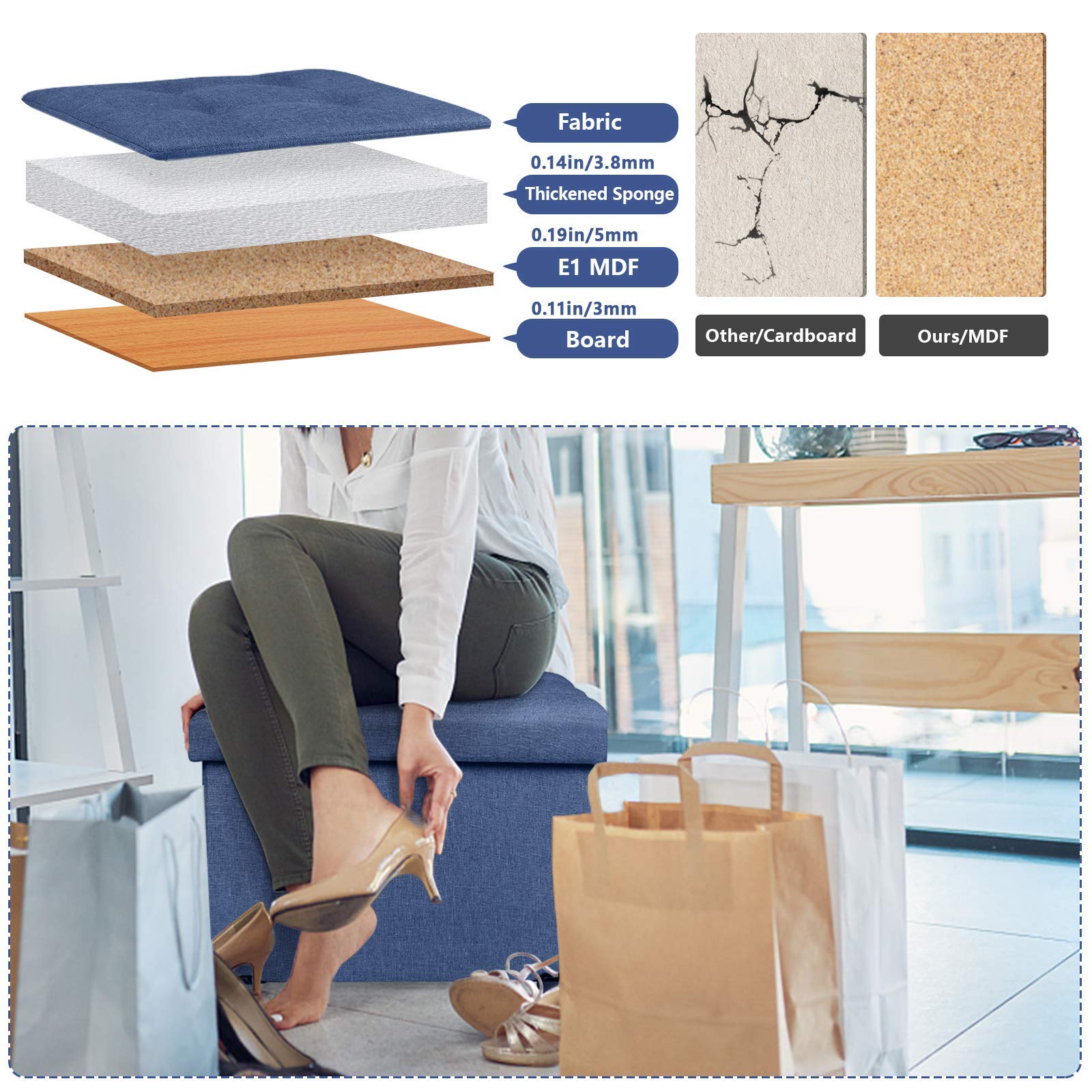 BRIAN & DANY Folding Storage Ottoman with Wood Legs - Navy Blue Linen