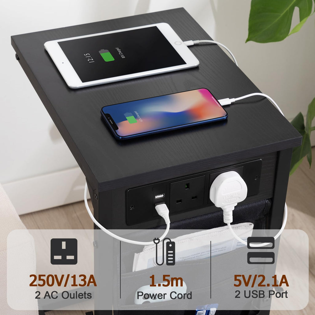 AMHANCIBLE C-Shaped Side Table, Side Table with Charging Station