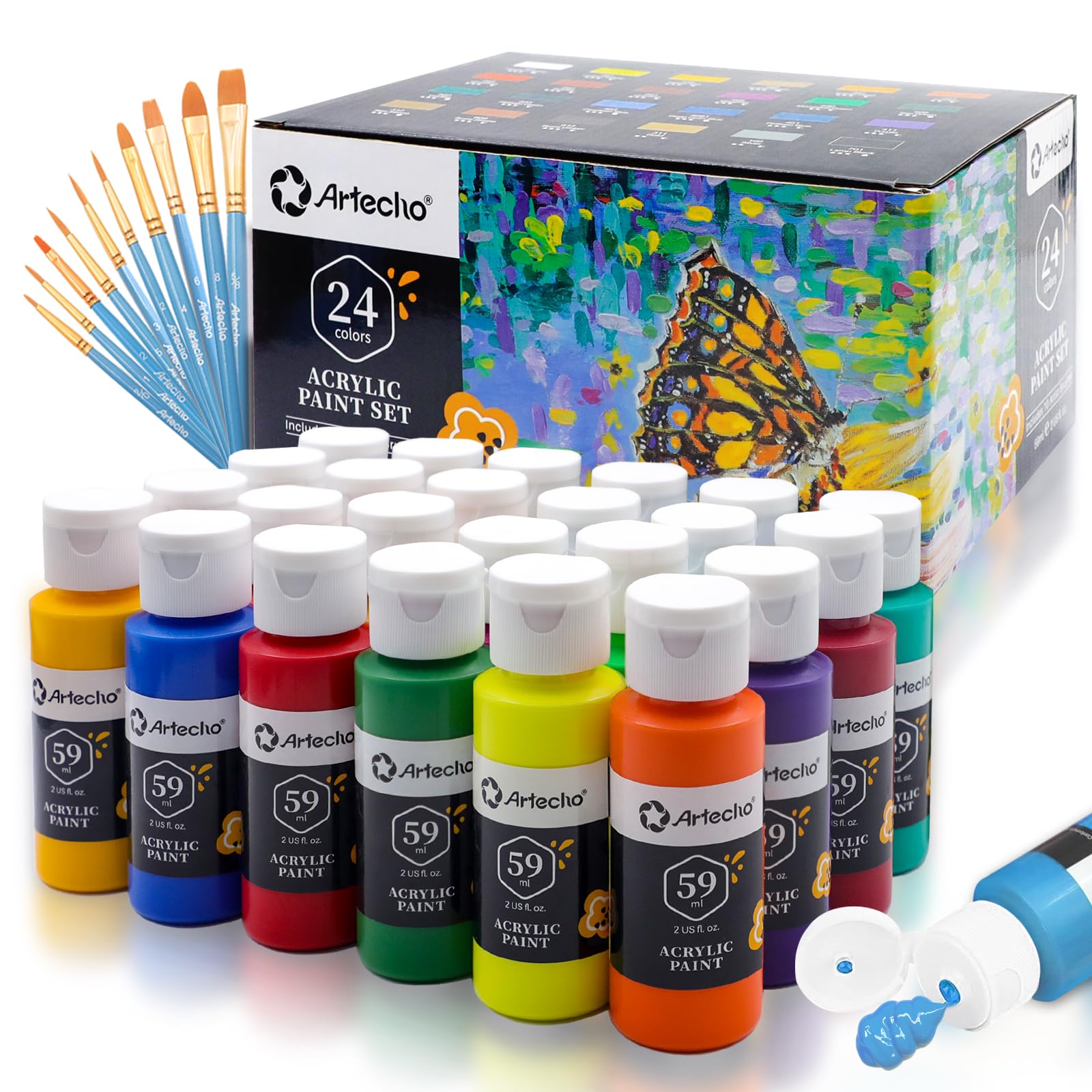 Artecho 24 Color Acrylic Paint Set with 10 Brushes | Non-Toxic Craft Kit