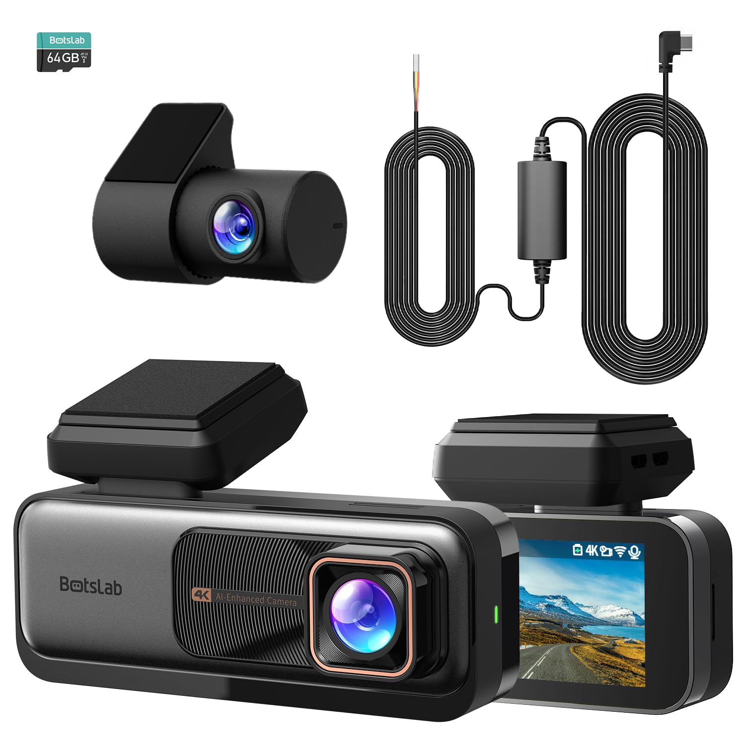 BOTSLAB 4K Dash Cam Front and Rear – GPS, WiFi & 64GB SD Card