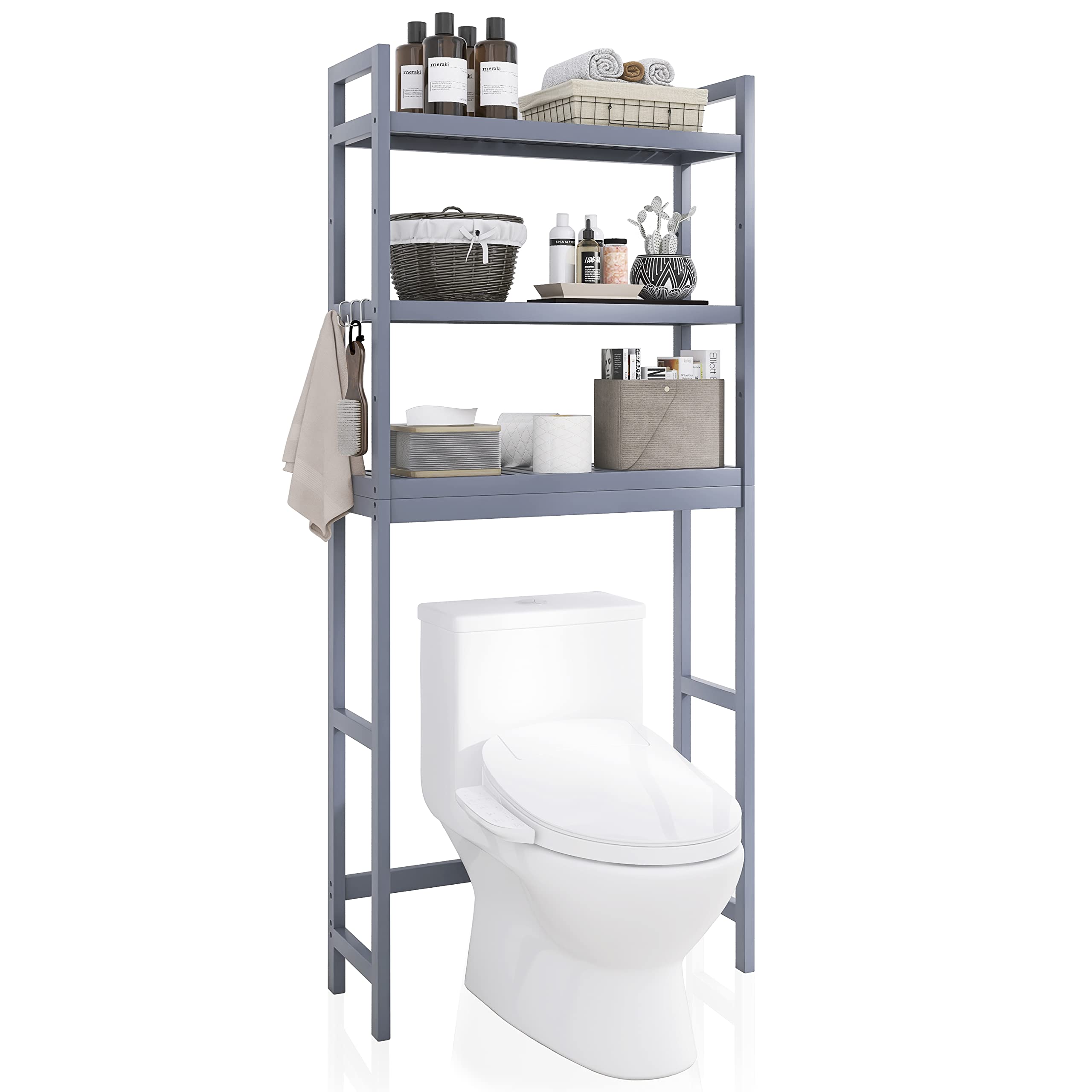 SMIBUY Bamboo Over-The-Toilet Storage Rack | 3-Tier Adjustable Shelf - Grey