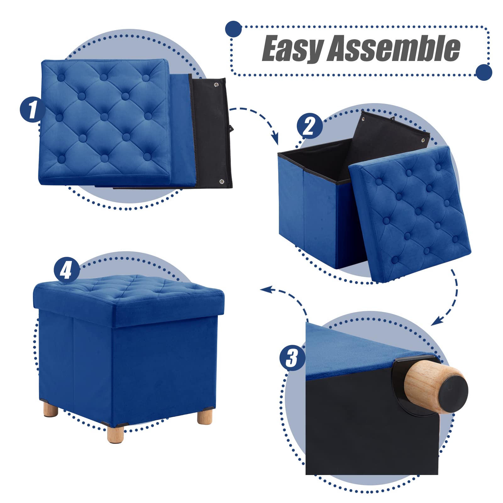 BRIAN & DANY Folding Storage Ottoman | Velvet Cube Footstool – Blue