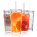 INSETLAN Ribbed Glass Tumblers with Lids and Straws - 600ml Set of 4
