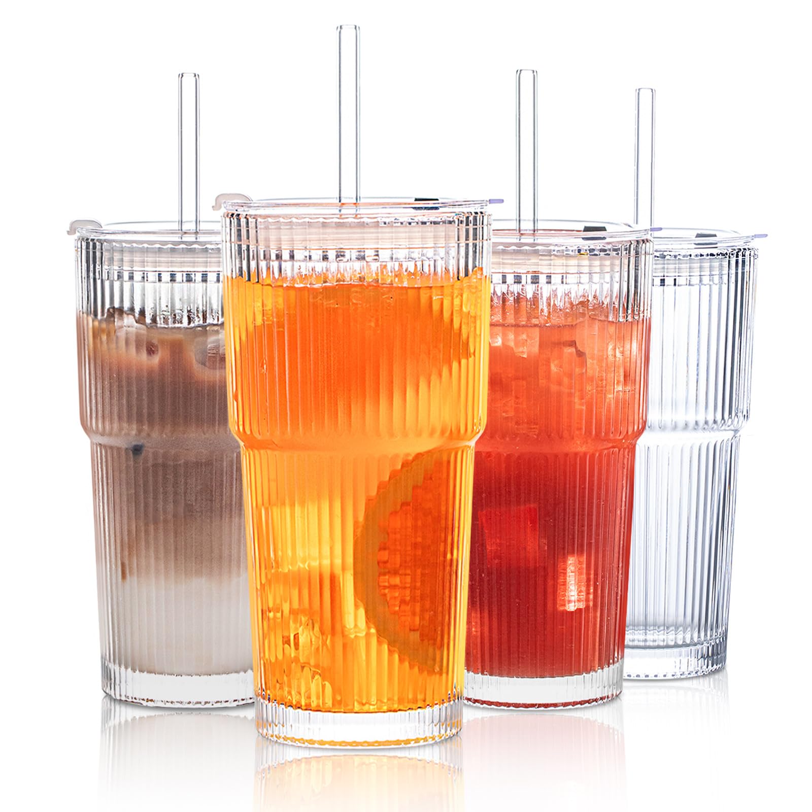 INSETLAN Ribbed Glass Tumblers with Lids and Straws - 600ml Set of 4