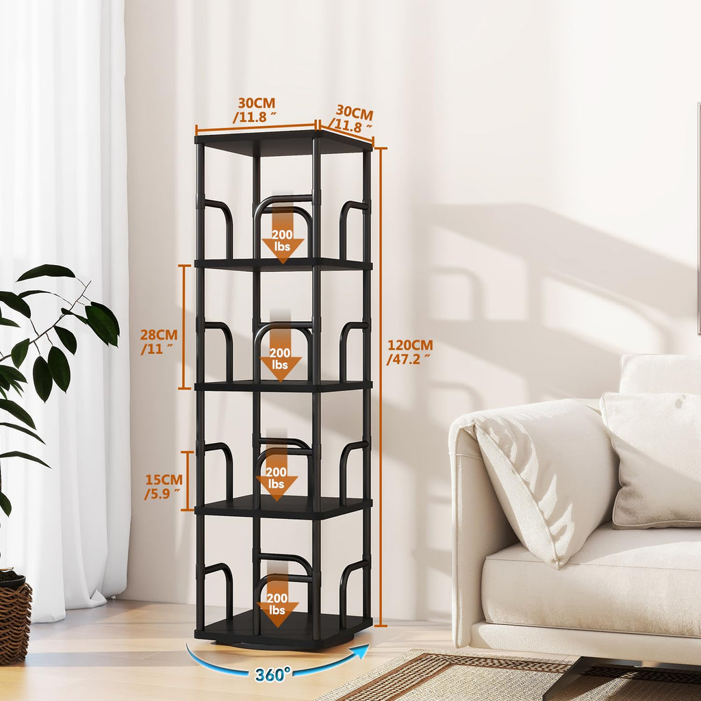IBUYKE 5 Tier Rotating Bookshelf,Square Bookcases,Black TBC004B - image 3