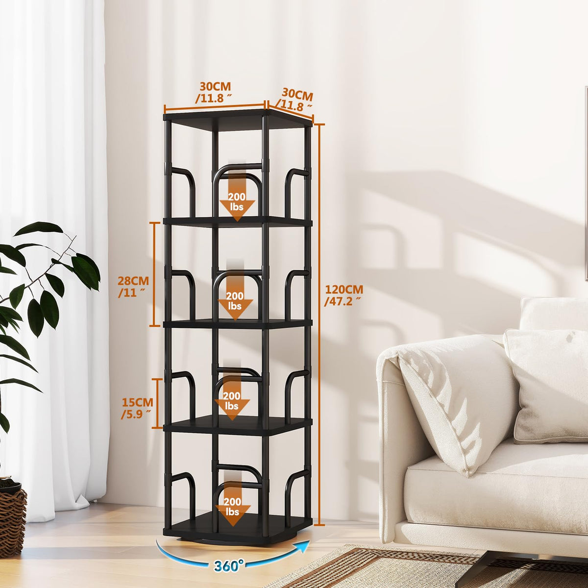 IBUYKE 5 Tier Rotating Bookshelf,Square Bookcases,Black TBC004B - image 3