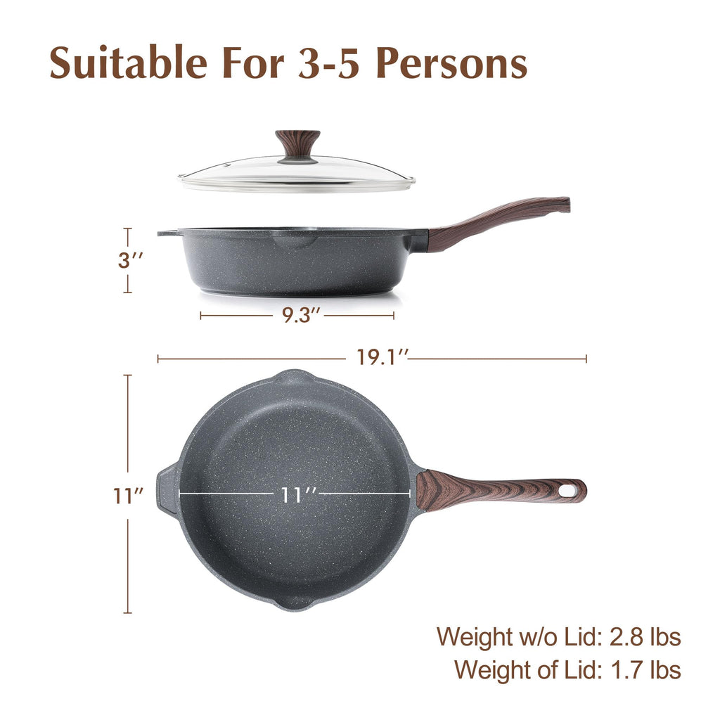 Sensarte Nonstick Deep Frying Pan | 28cm Granite Saute Pan with Glass Lid