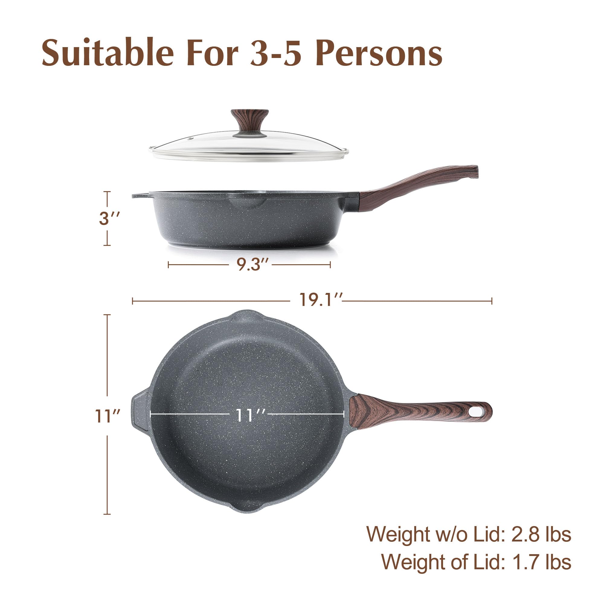 Sensarte Nonstick Deep Frying Pan | 28cm Granite Saute Pan with Glass Lid
