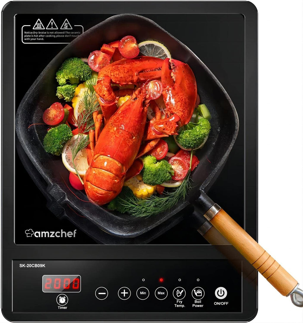 AMZCHEF Single Portable Induction Hob | 2000W Black Frosted Glass Cooker