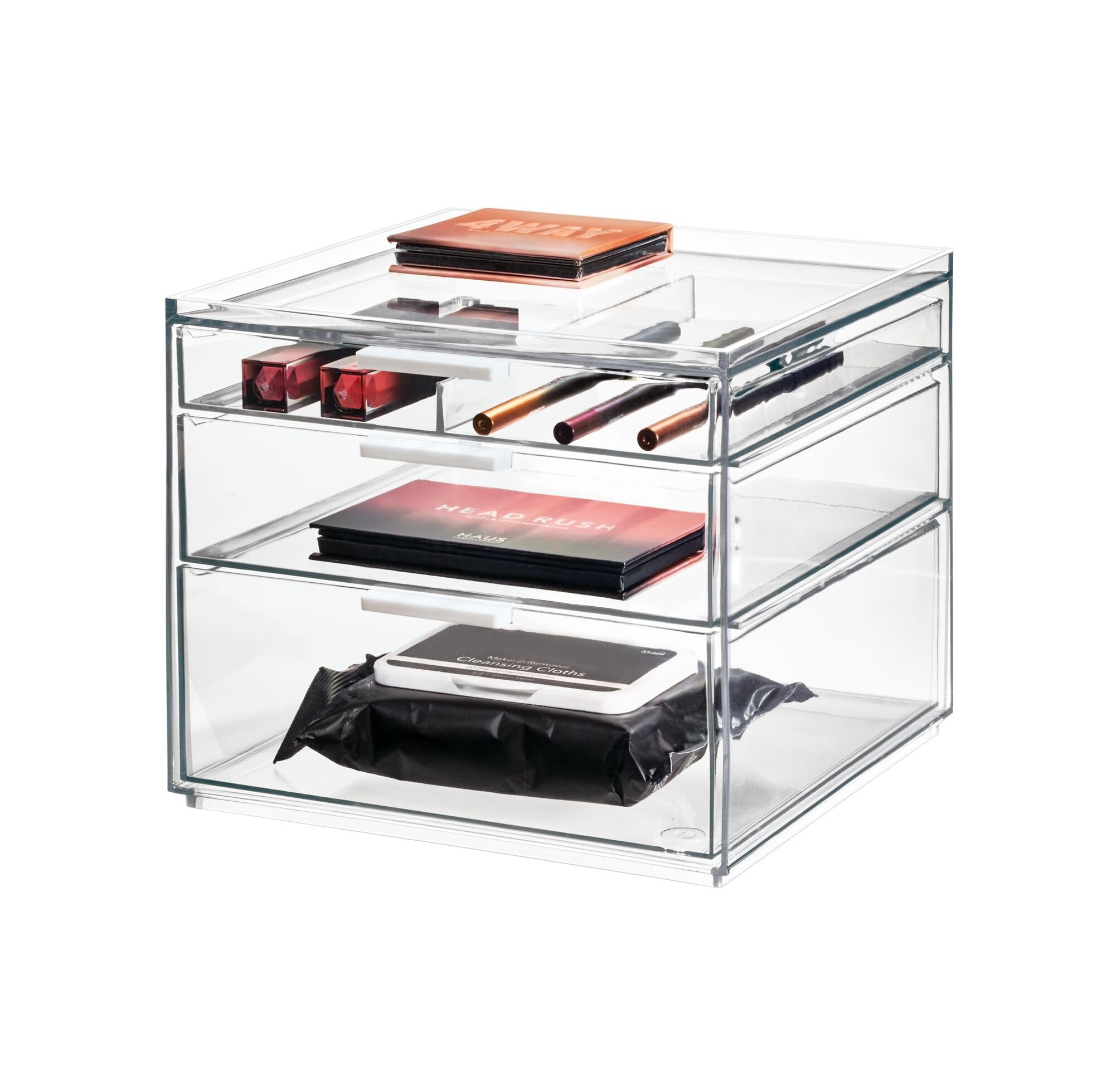 iDesign Sarah Tanno 3-Drawer Makeup Organiser | Clear & Matte White