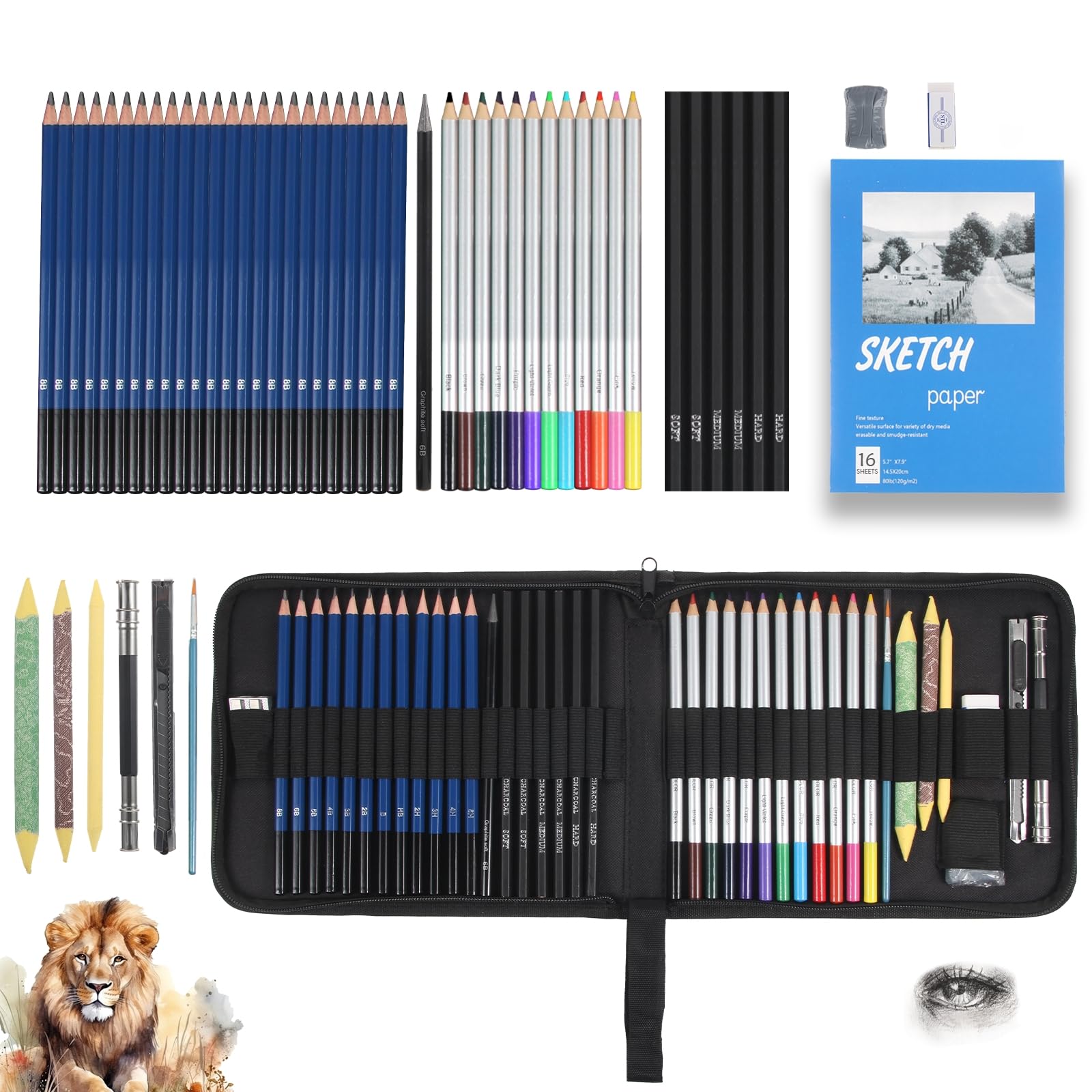 Aoriyar 41Pcs Drawing Set – H & B Sketching Pencils with Sketchbook