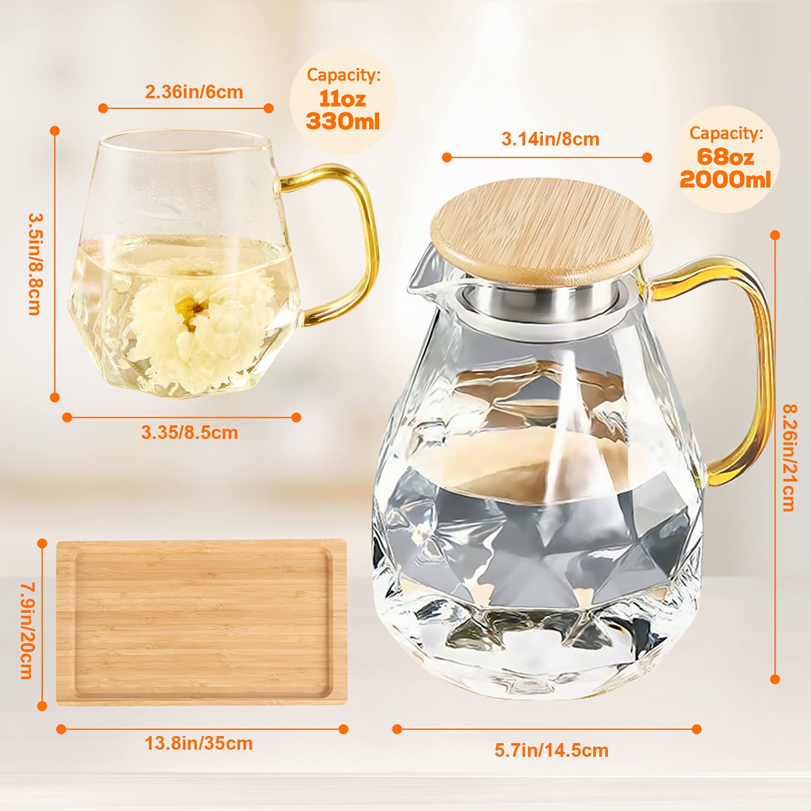 DUJUST Diamond Glass Water Jug Set – 6-Piece Borosilicate Pitcher with Tray