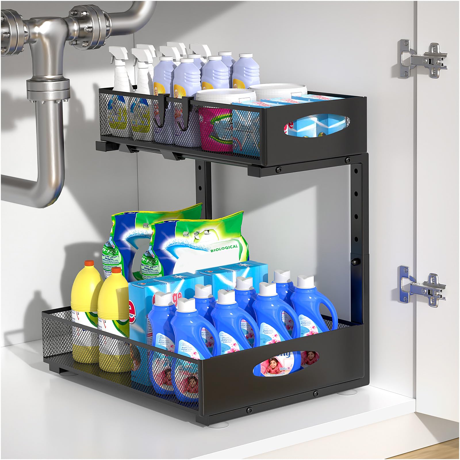 Housolution 2-Tier Under Sink Organiser – Height Adjustable Metal Drawer