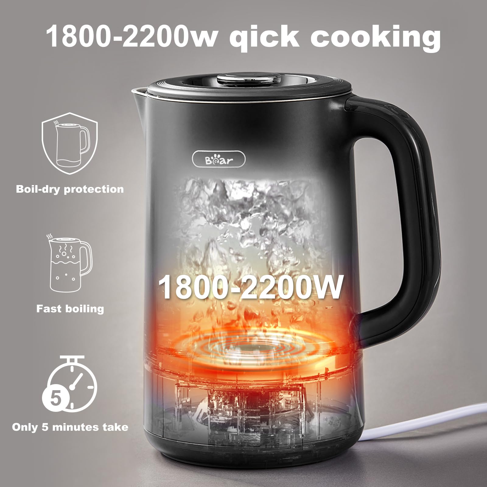 Bear 1.7L Electric Kettle – 6 Temperature Settings & Stainless Steel