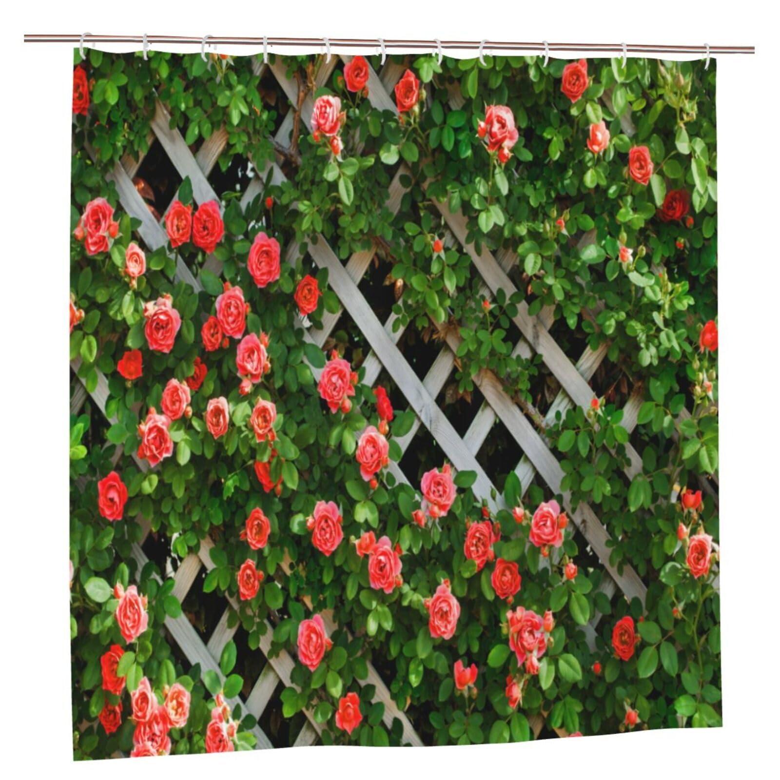 Jolof Store Red Rose Garden Shower Curtain – Waterproof Rustic Floral Decor