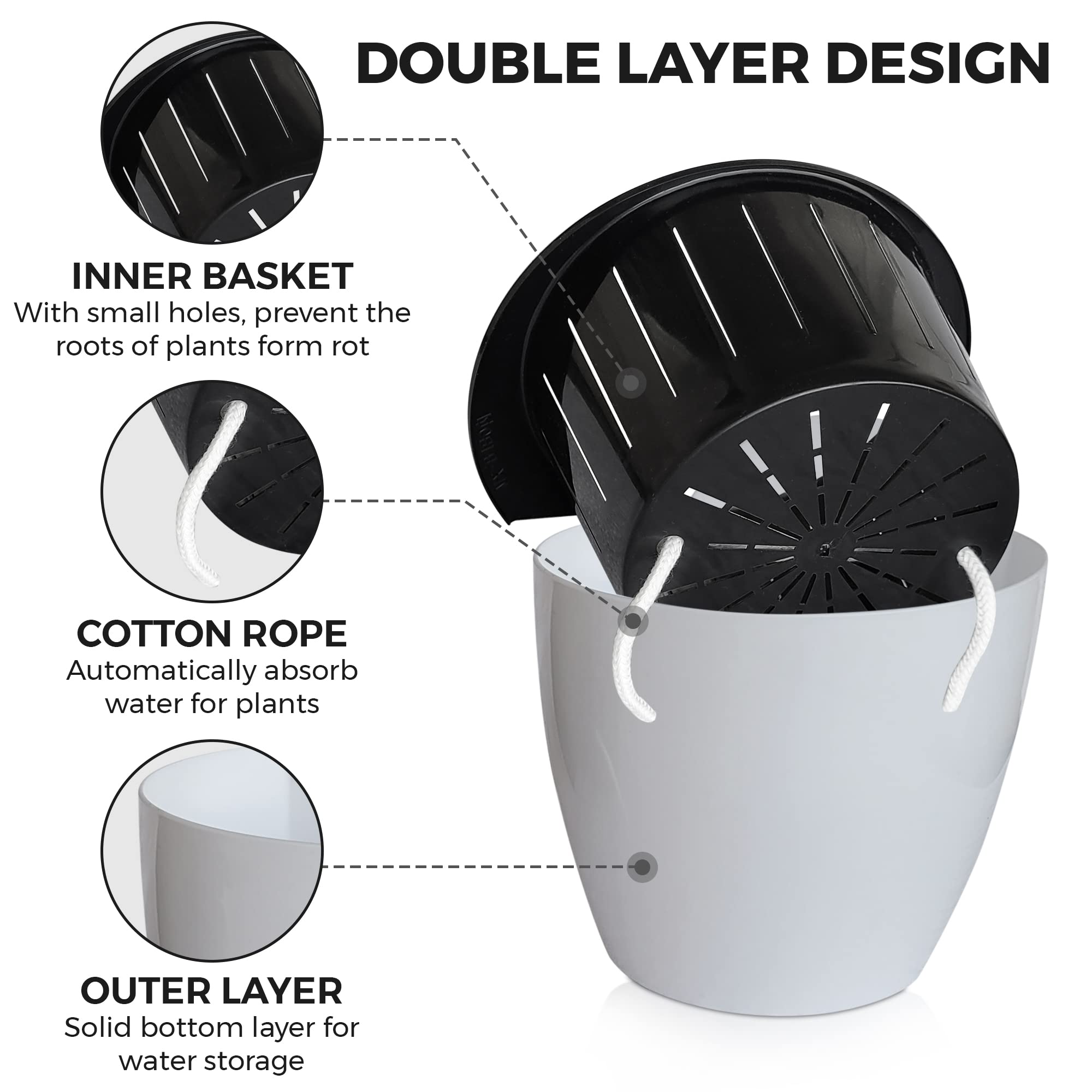 ShoppeWatch 7-Pack Self Watering Wall Planters - 7 Inch Indoor Outdoor Pots