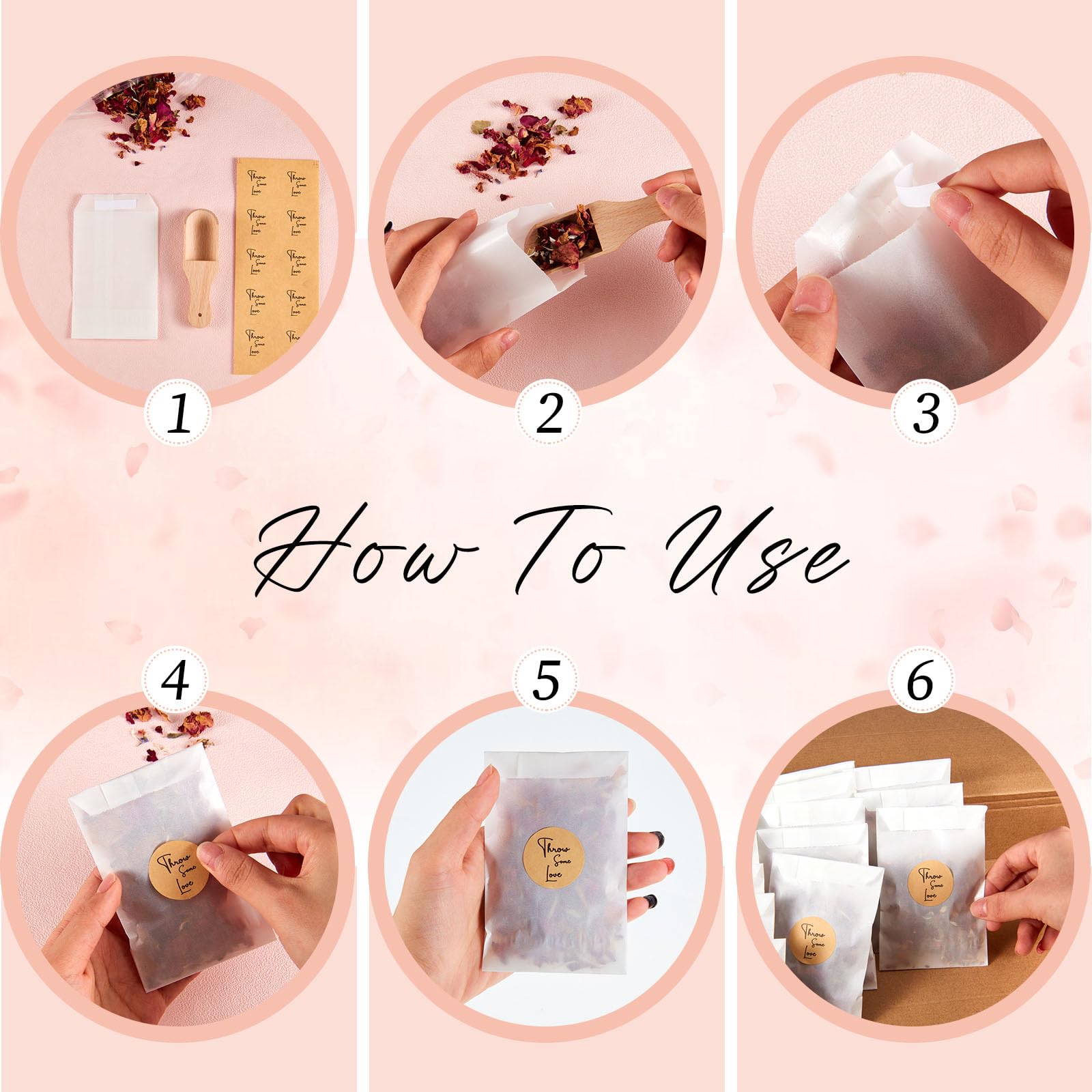 Tenare Wedding Confetti Kit | 100 Sets Dried Rose Petals & Glassine Bags