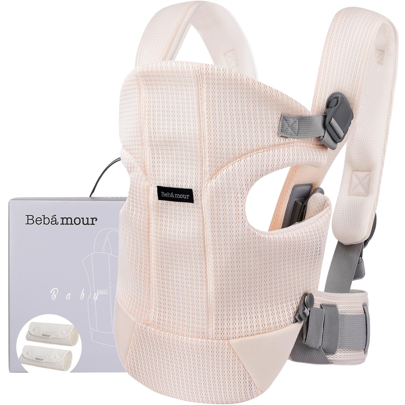 Bebamour Ergonomic Baby Carrier Front and Back with 2 Shoulder Bibs - Beige