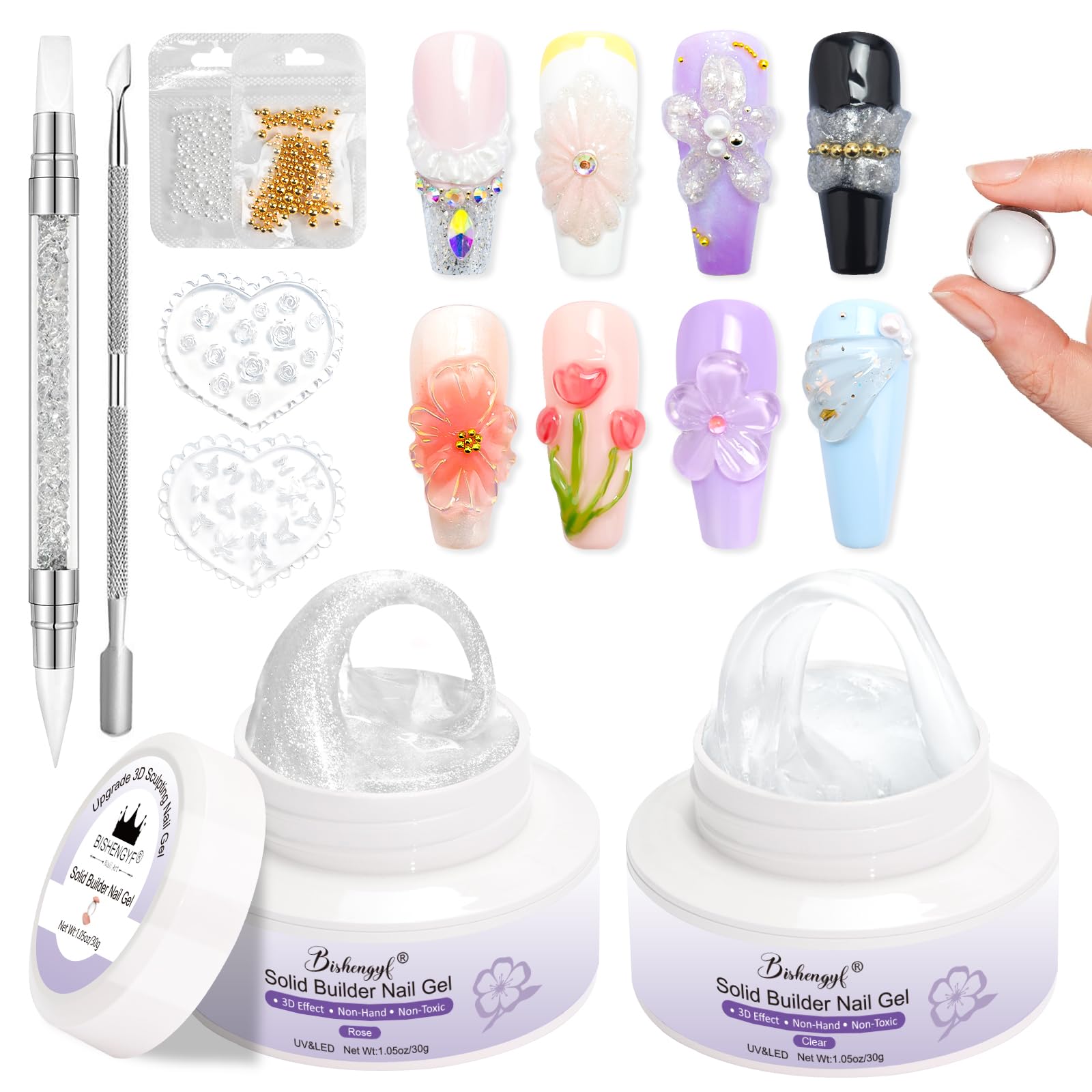 BISHENGYF 3D Nail Gel Kit | 2 Pcs Solid Builder Gel for Carving & Extension