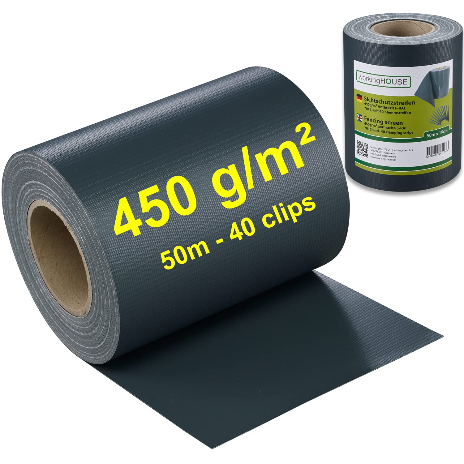 workingHOUSE PVC Privacy Screening for Double Bar Fences - 50m, Dark Grey