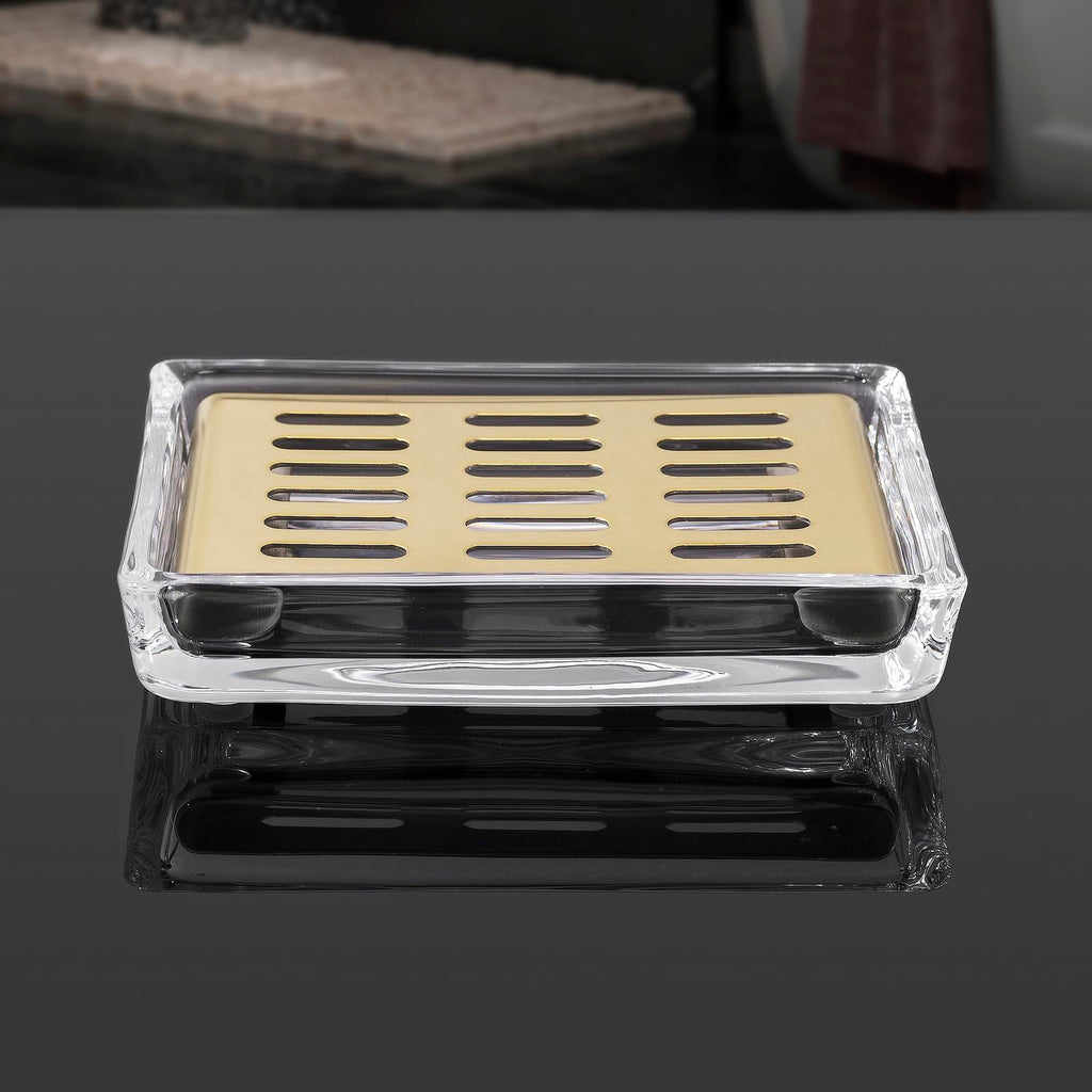 Glass Soap Dish 11.3 x 8.5 x 2.4cm Stainless Steel Soap Holder for Bathroom and Shower Double Layer Draining Soap Box Gold tray