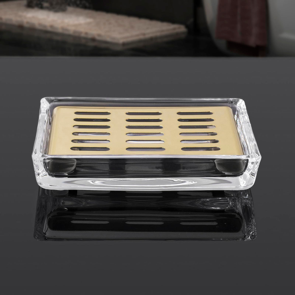 Glass Soap Dish 11.3 x 8.5 x 2.4cm Stainless Steel Soap Holder for Bathroom and Shower Double Layer Draining Soap Box Gold tray