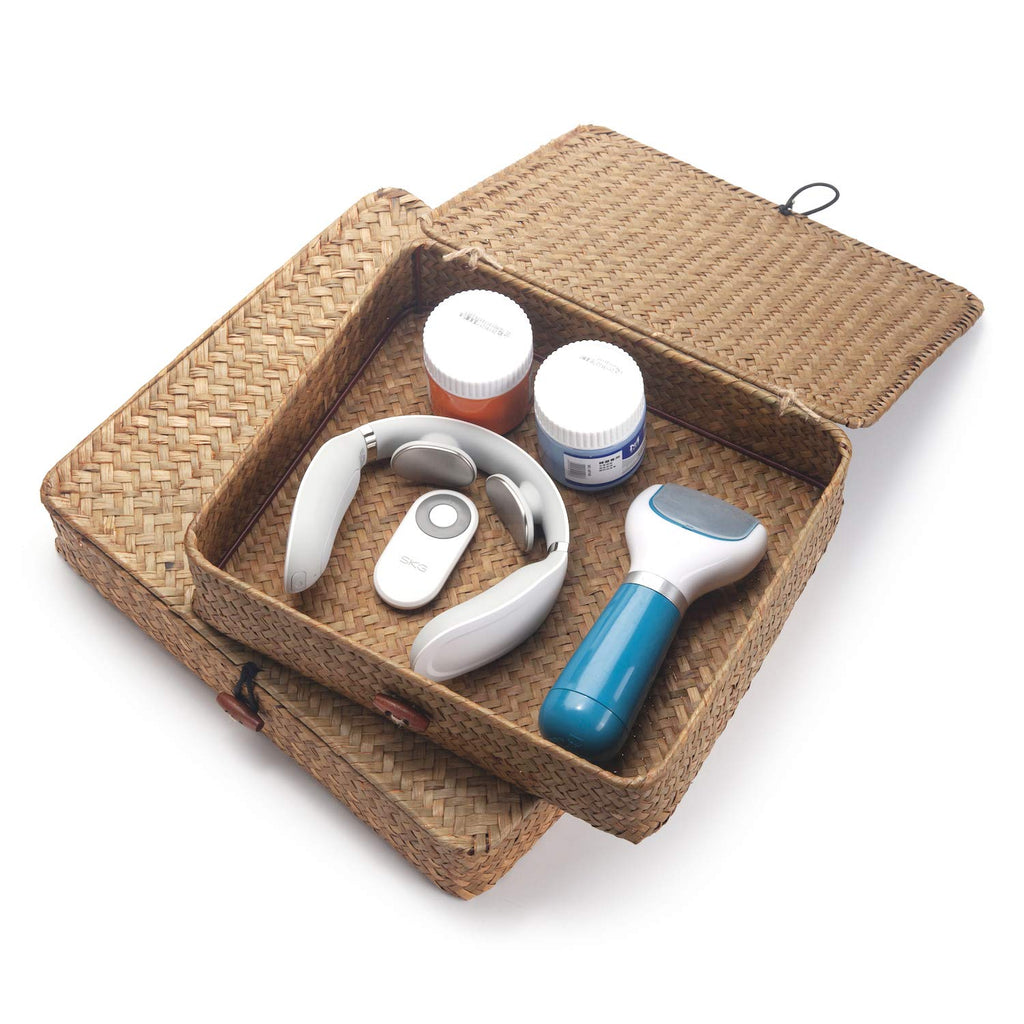 Seagrass Storage Box with Lids Rectangular Organization Wicker Shelf Baskets Natural Woven Stackable Set of 2 Large+Small
