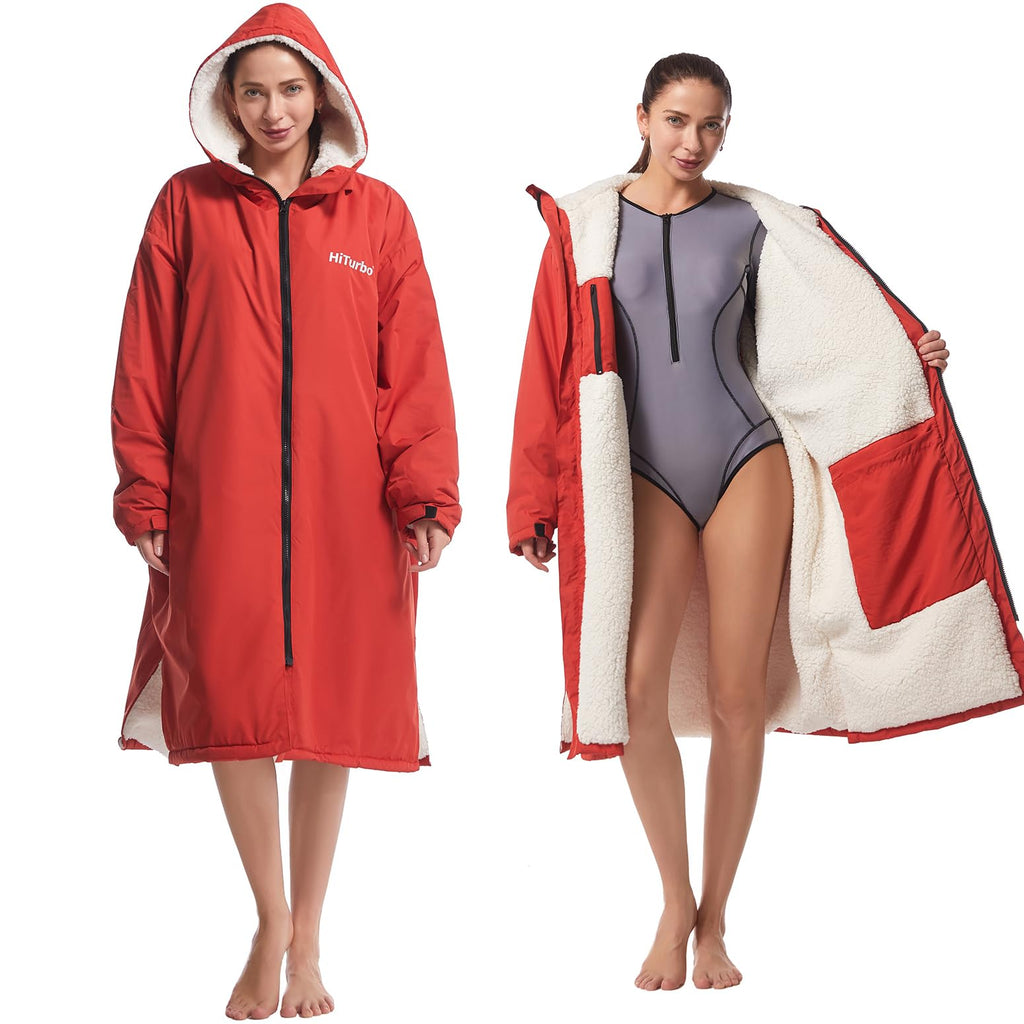 Hiturbo Waterproof Changing Robe – Fleece Lined Surf Poncho Coat in Red