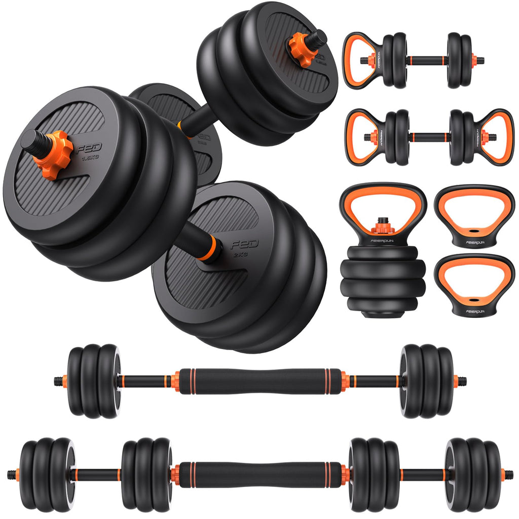 FEIERDUN 4-in-1 Adjustable Dumbbell Set | 20lbs Kettlebell & Barbell