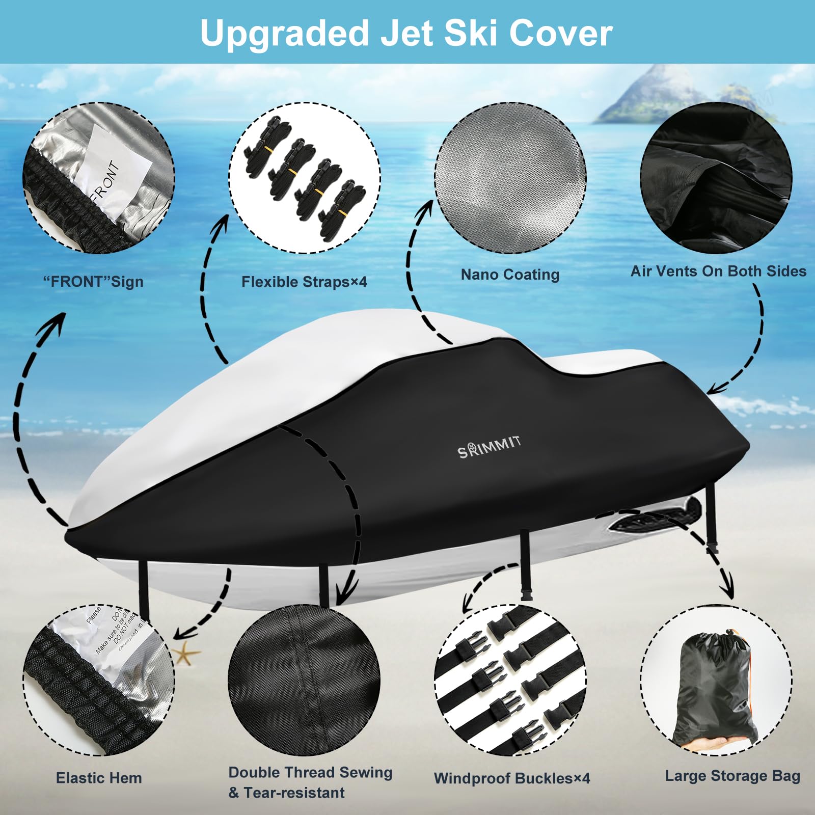 Jolof Store Trailerable Jet Ski Cover | 3-Seat 420D Waterproof PWC Cover