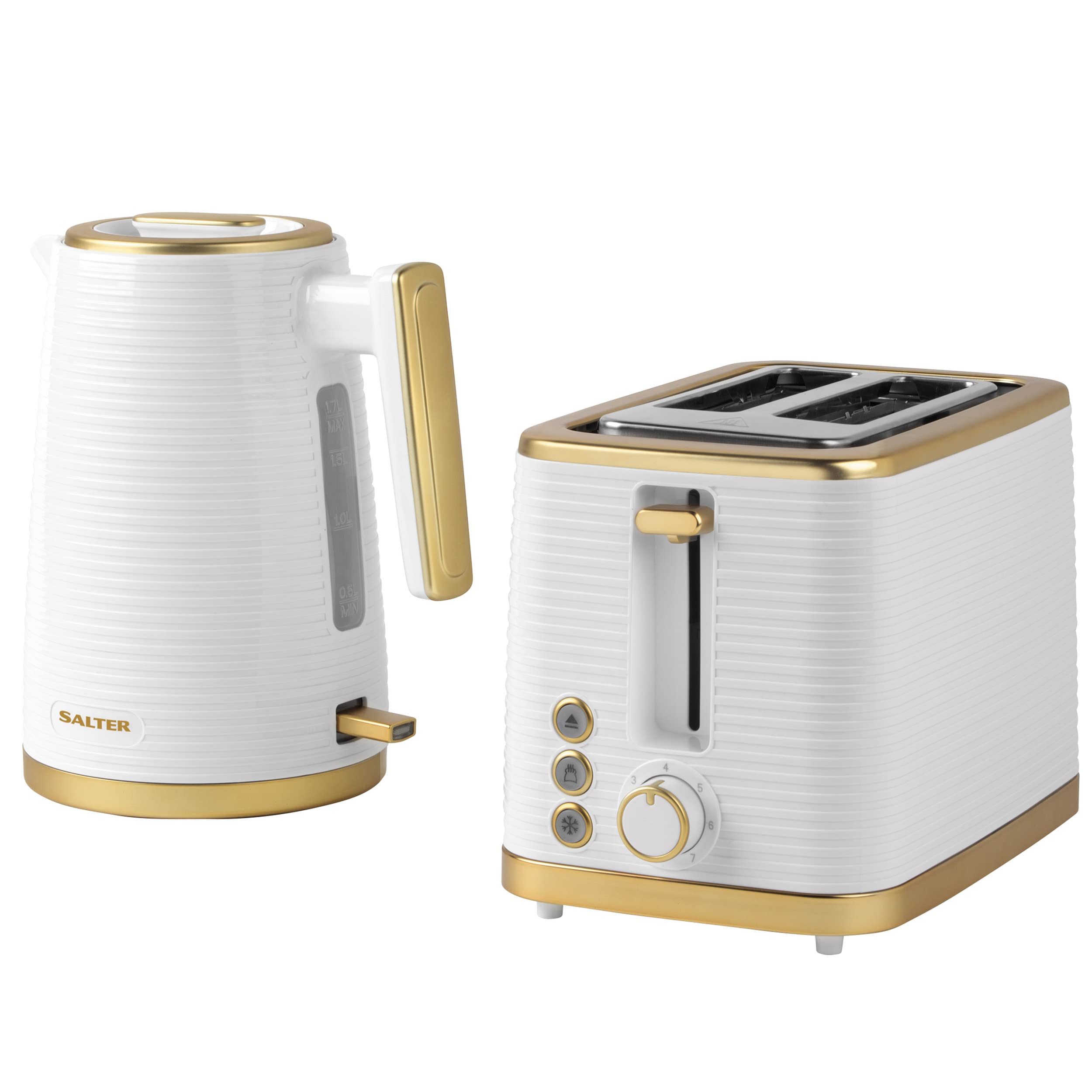 Salter Palermo Kettle and 2-Slice Toaster Set – White and Gold, 1.7L