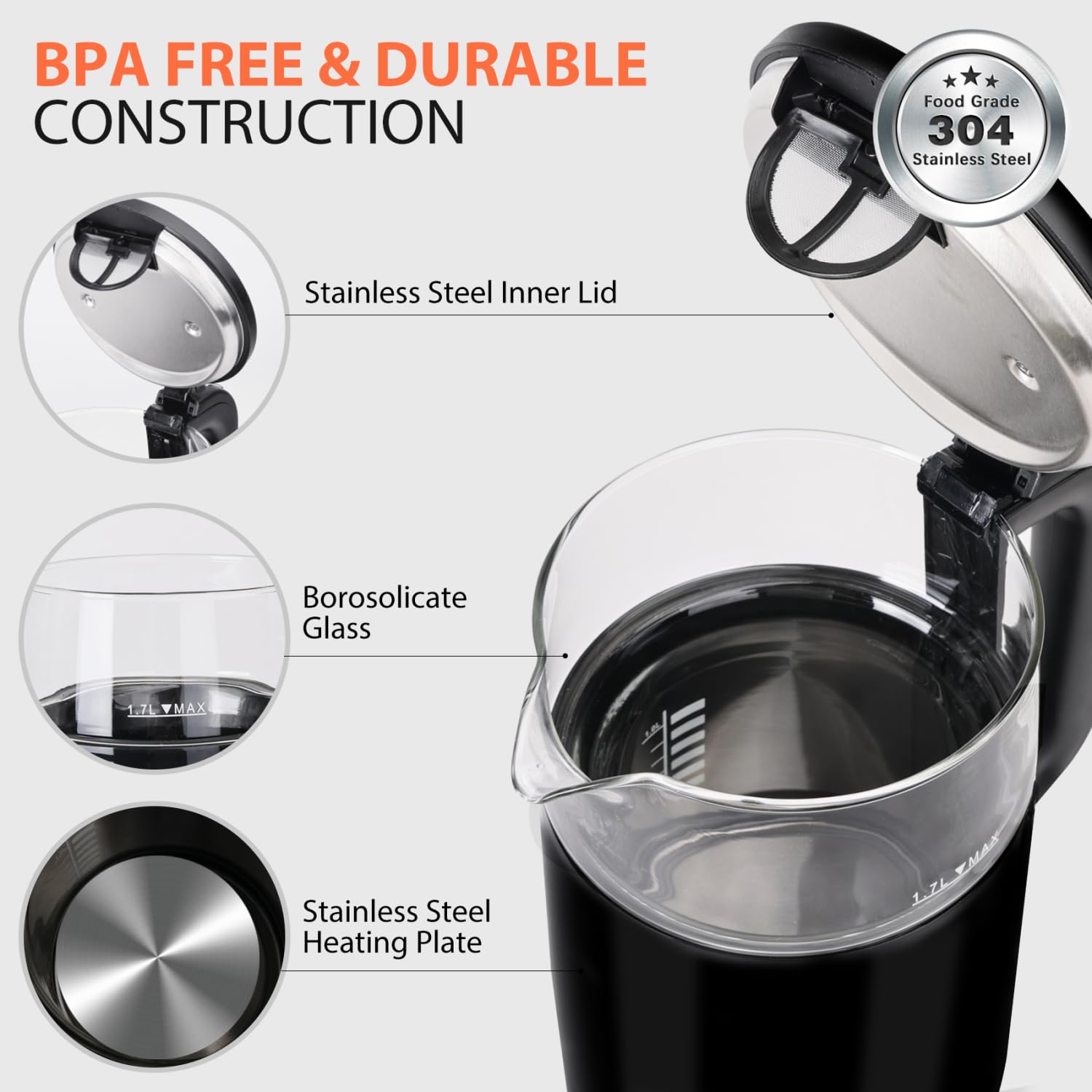Taylor Swoden Electric Kettle - 1.7L Glass Kettle with Temperature Control